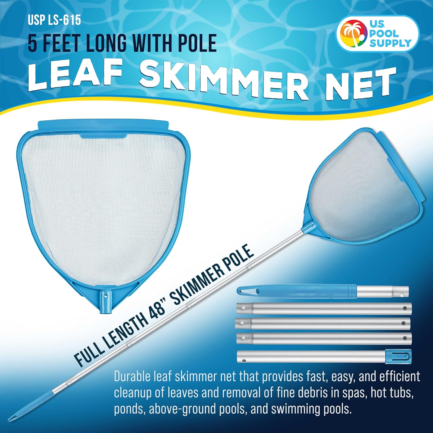 U.S. Pool Supply Pool and Spa Skimmer Net with Pole, Handheld Fine Mesh Pool Skimmer Net - Hand Held Spa, Hot Tub, Pond Cleaning - Step-Up 32" to 5 Feet Long, Leaf Netting, Scoop Skim Leaves & Debris - Image 2