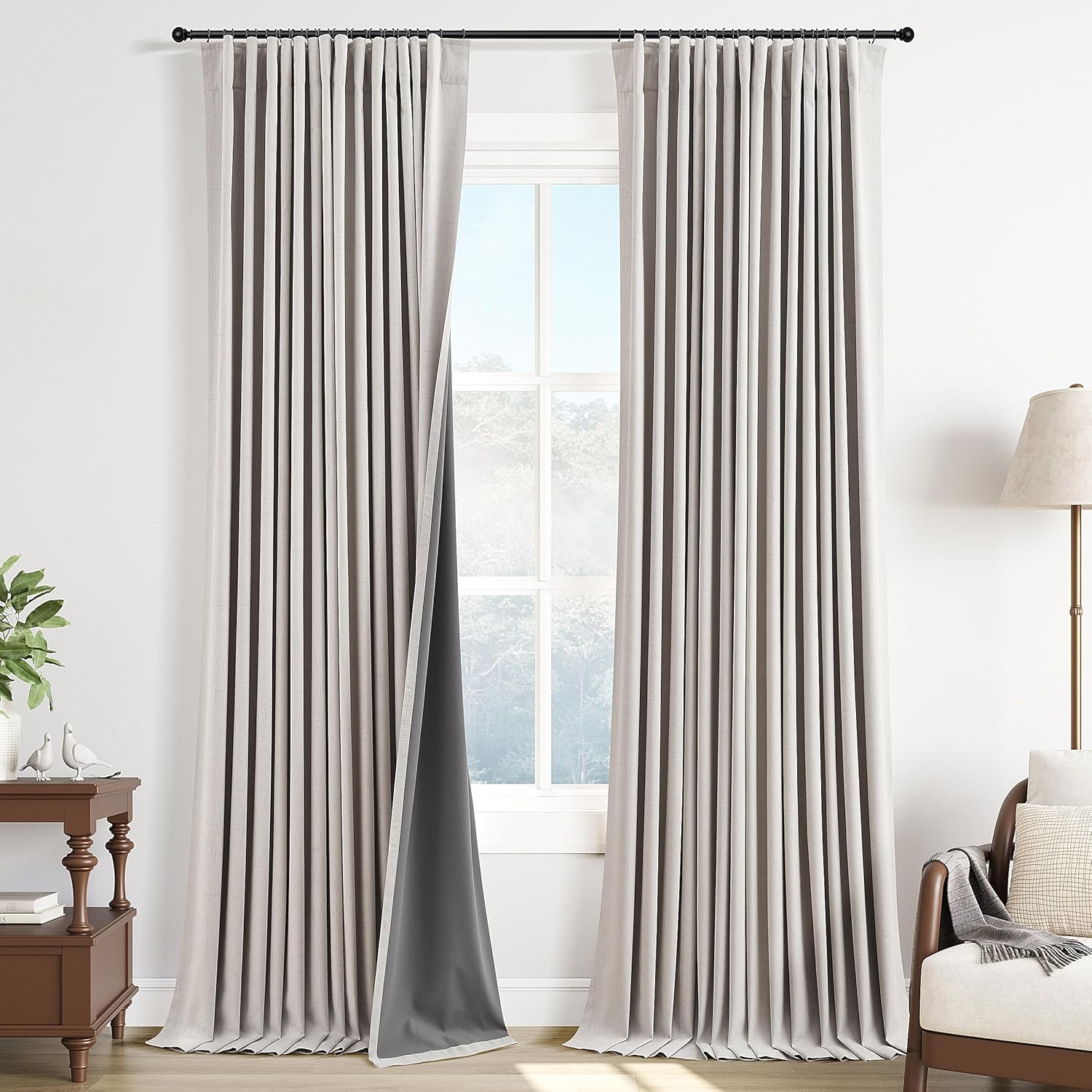 100% Blackout Linen Curtains 84 Inch Length 2 Panels Set Neutral Boho Farmhouse for Bedroom Windows Living Room Darkening Thermal Insulated Drapes Beige Cream Ivory 7ft Long Back Tab Pleated Pocket