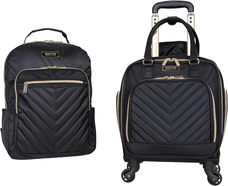 Kenneth Cole REACTION Chelsea 2-Piece Bundle - 17" 4-Wheel Spinner Underseat Carry-On Luggage & Matching 15" Laptop Backpack, Black