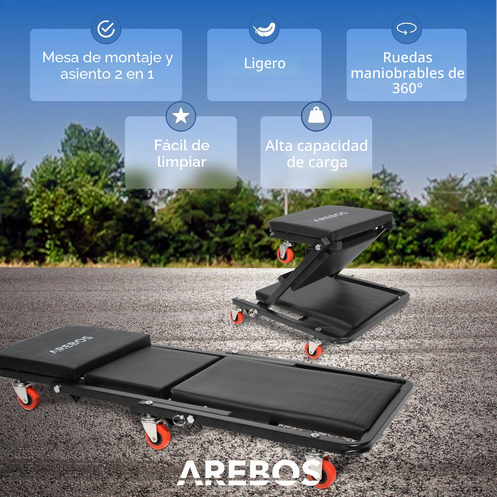 Arebos Tablero de Rodillos de Taller 2 en 1 de Montaje | Función de Asiento y Tumbona | 6 giratoria con Ruedas giratorias de 360 ​​° | Puede Cargar hasta 150 kg