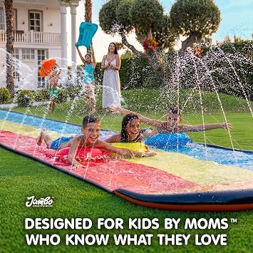 JAMBO 25Ft Premium XXL Slip Splash and Slide with 3 Bodyboards, Heavy Duty Water Slide- Advanced 3-Way Sprinkler System, Splash Mat Splash Pad Backyard Waterslide Outdoor Water Toys n Slides for Kids