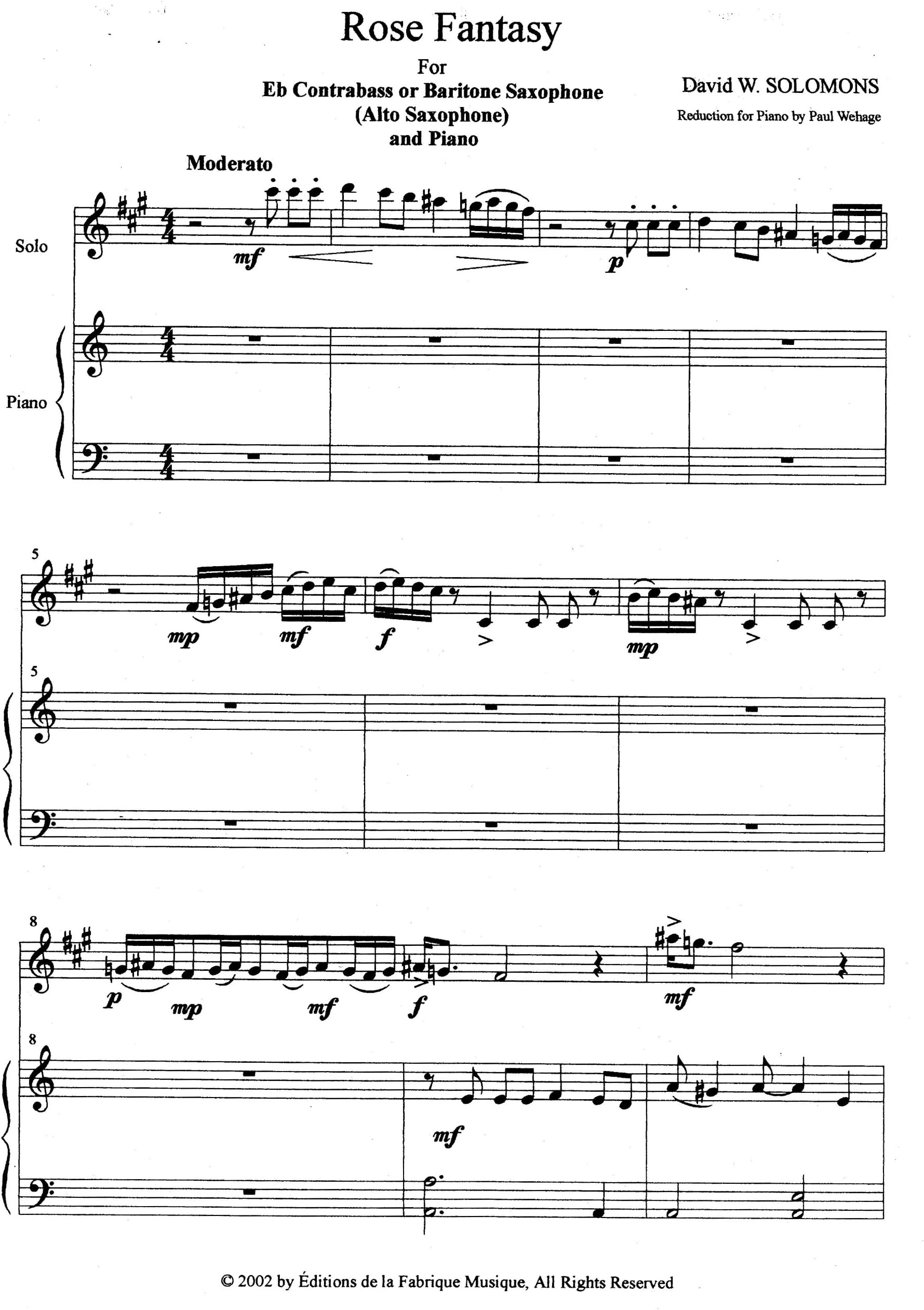 Rose Fantasy for Contrabass or Baritone Saxophone and Piano by David Solomons