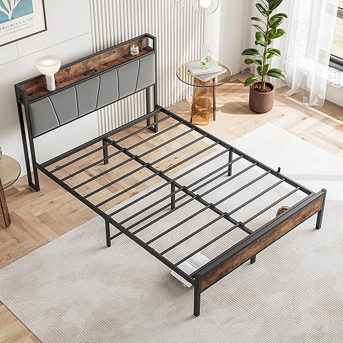 Miniatura 7 de BOFENG Base de cama de tamaño matrimonial con cabecera de almacenamientoestación de carga, base de cama tapizada de metal resistente, tamaño