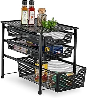 Relaxdays Schubladenregal, stapelbarer Büro Organizer, 3 Ausziehkörbe, Metall, Küche, Bad, HBT: 35x28x42,5 cm, schwarz