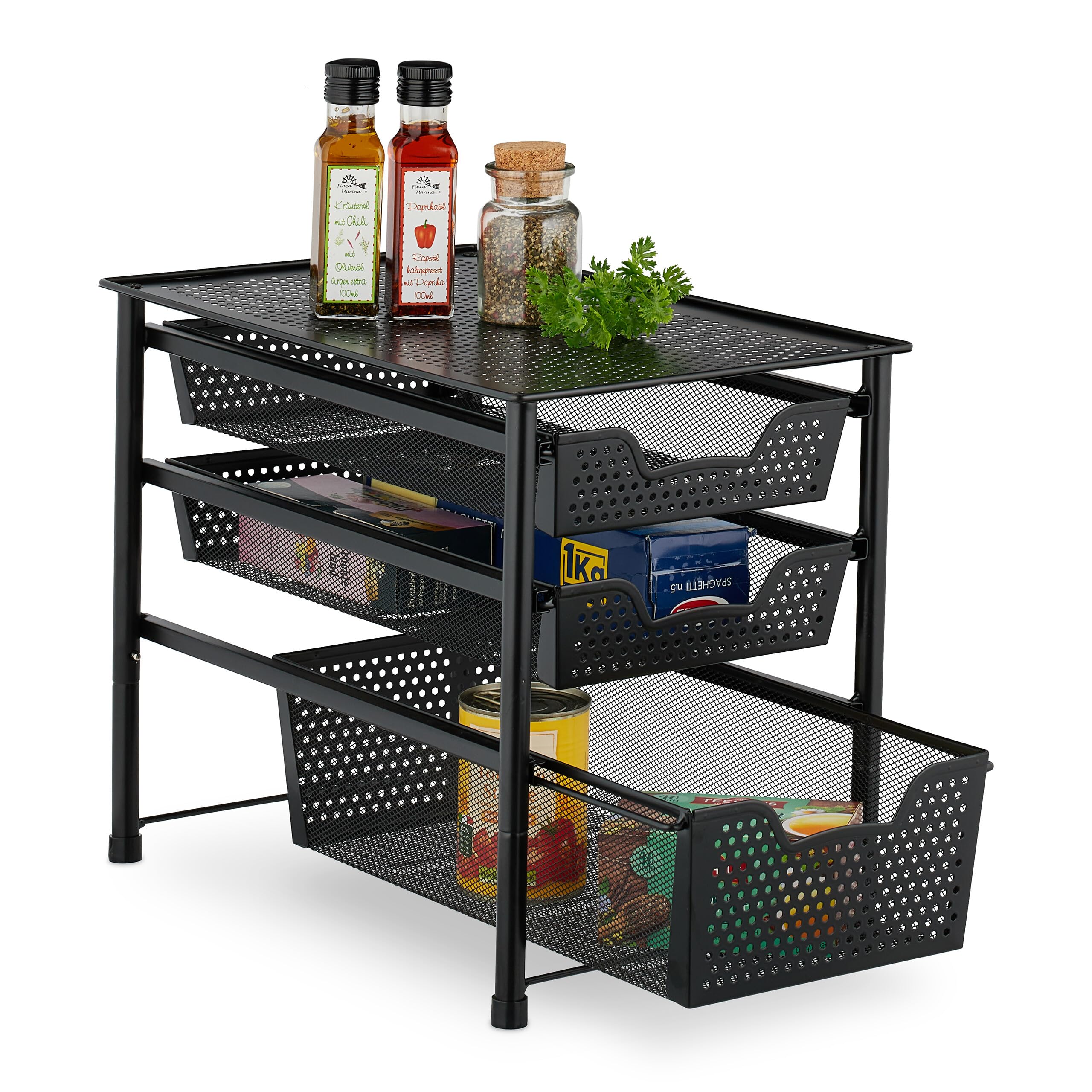Relaxdays Drawer Shelf, Stackable Organiser, Metal, Kitchen, Bathroom, 3 Pull-out Baskets, HWD: 35 x 28 x 42.5cm, Black