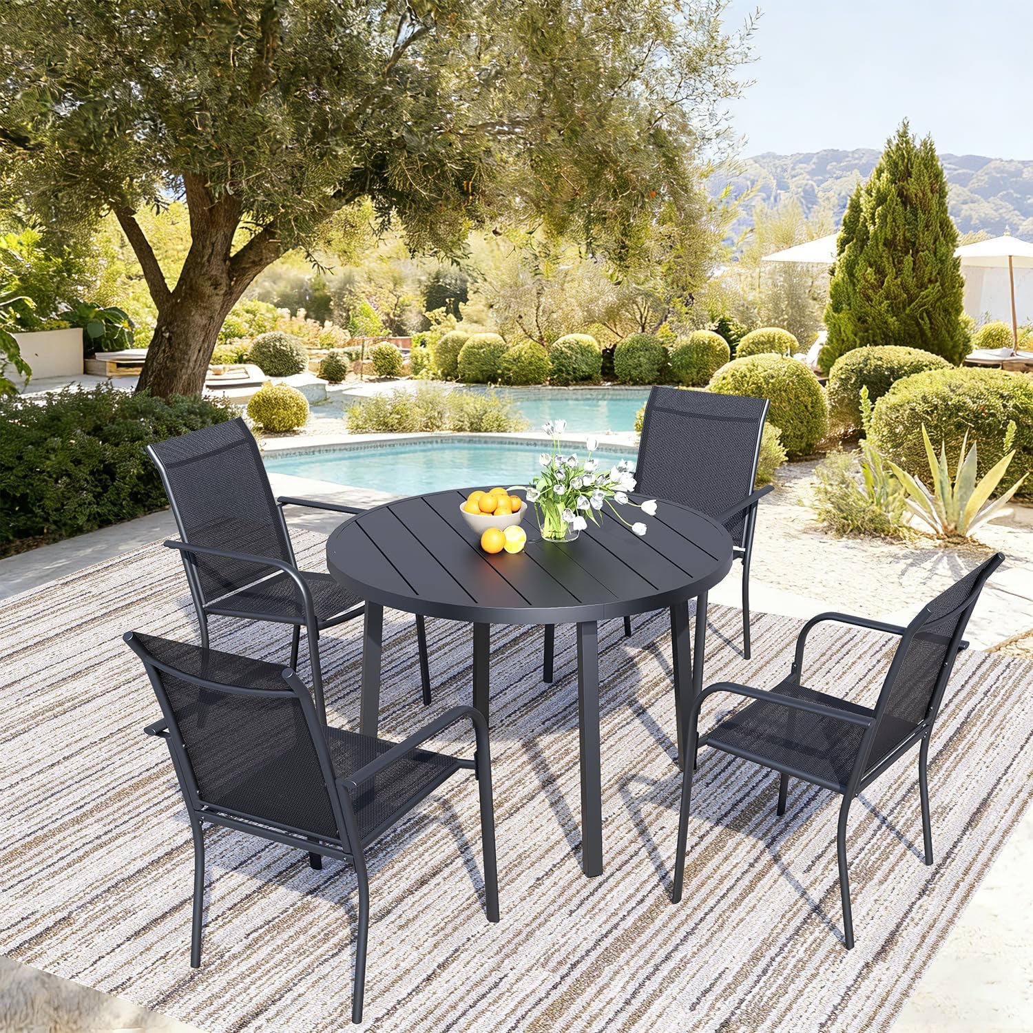 5 Pieces Patio Table and Chair Set of 4, Patio Furniture Set Includes 4 Black Stackable Lightweight Outdoor Chairs and 1 Black Round Table, Metal Tables and Chairs for Outside, Garden
