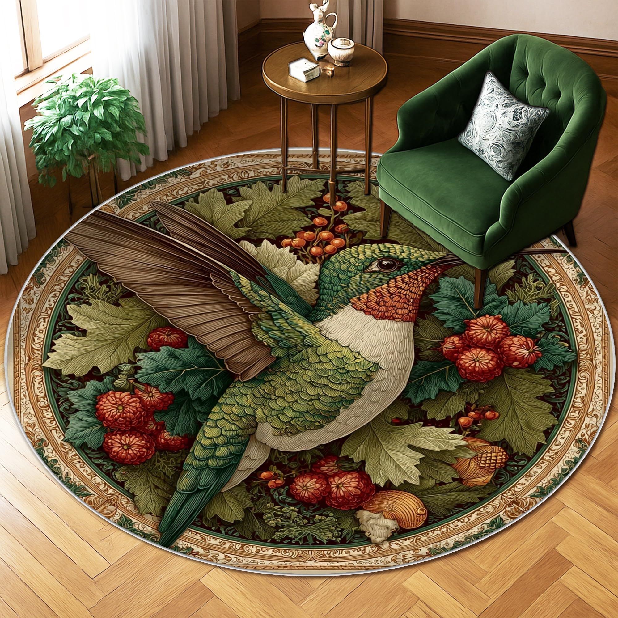Tapis colibri et feuilles botaniques vert printanier de 1,8x1,8 m