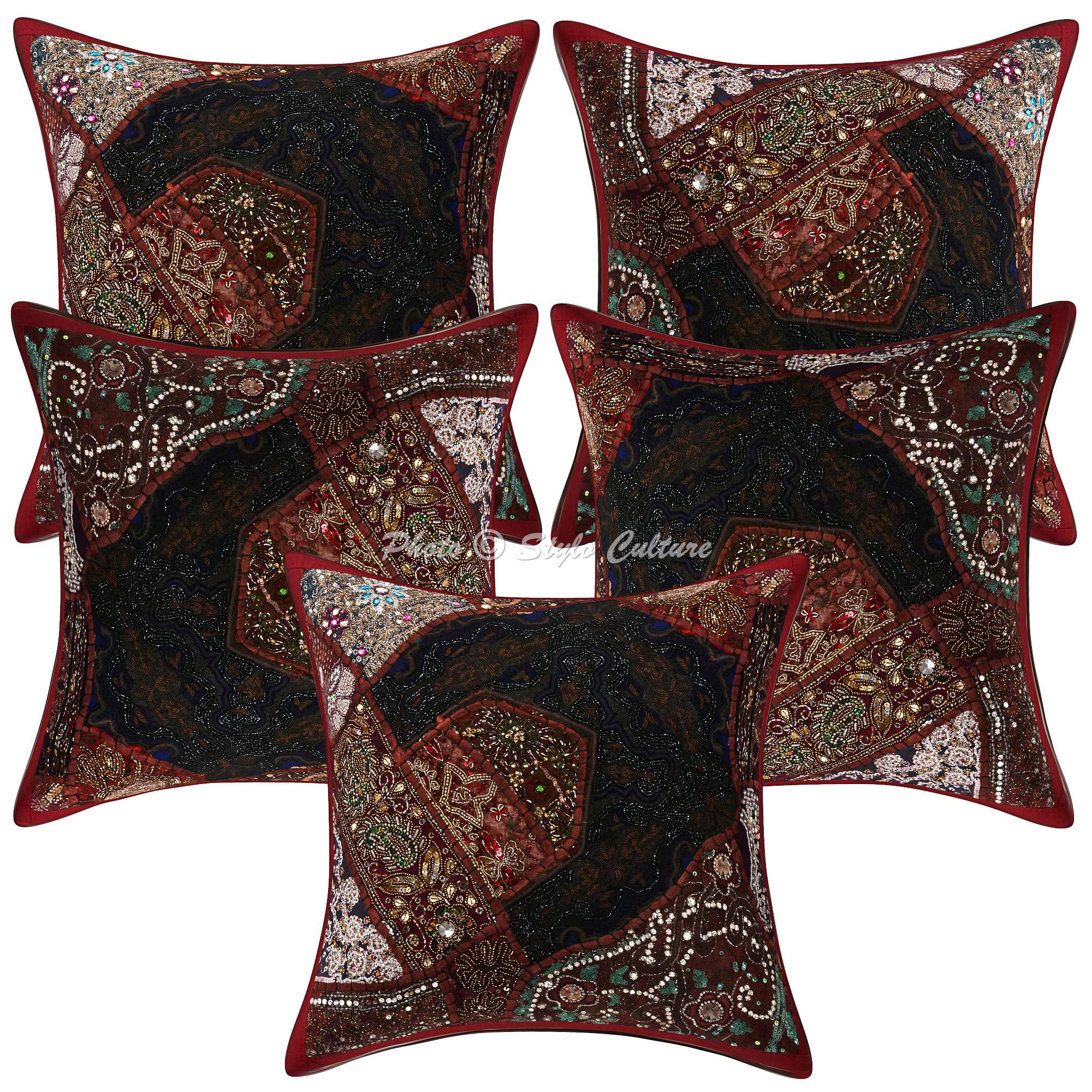 Ethnisch Dekorativ Baumwolle Sofa Kissenbezüge 40x40 cm Kastanienbraun Dekokissen Perlenbestickt Patchwork Wohnzimmer Couch Kissenhullen Halsdesign Quadrat Kissen Bezüge - 5 STK.