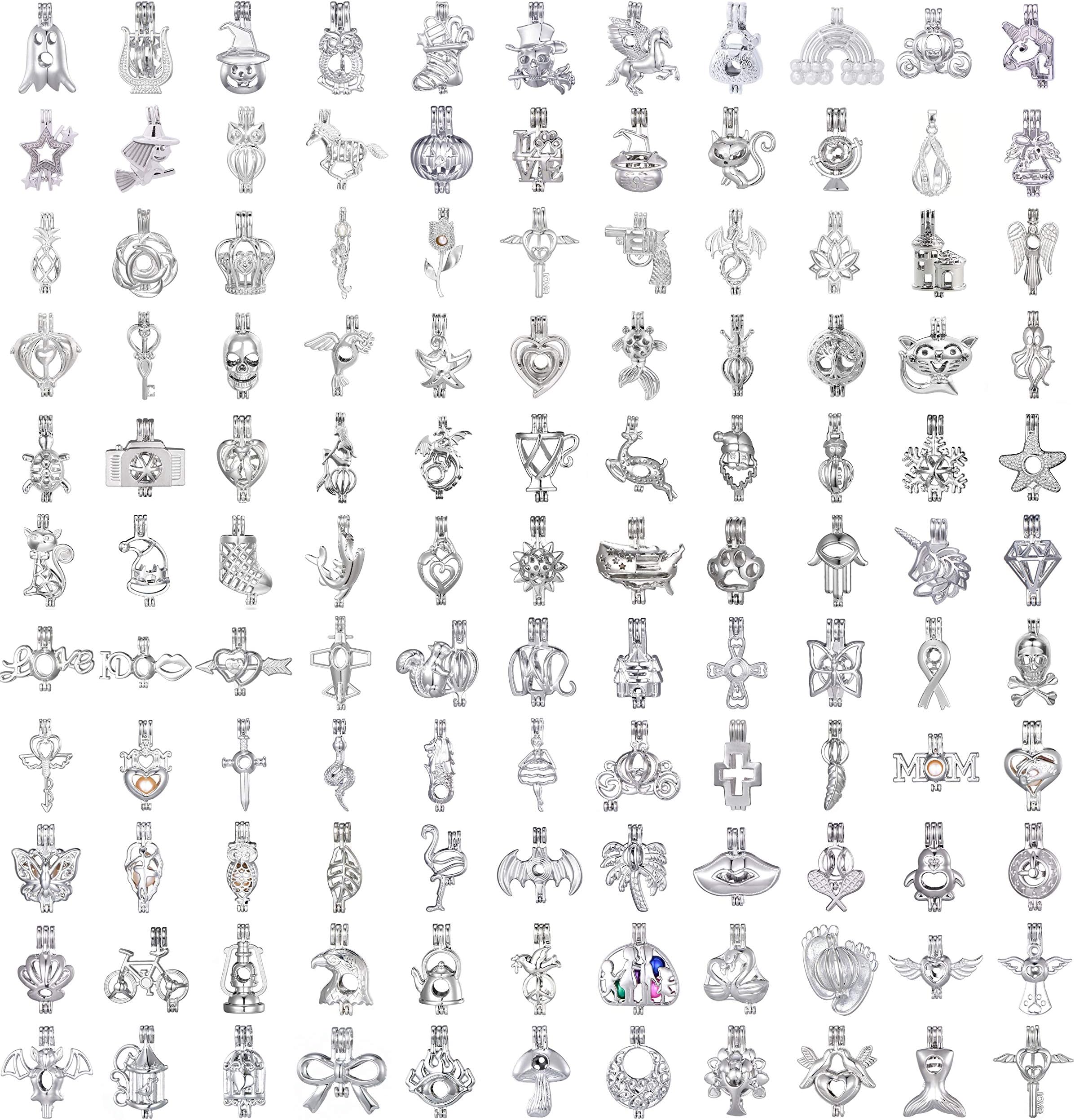 40pcs Mix Stainless Steel Tones Alloy Bead Cage Pendant Wish Lava Pearls Stones Perfume Essential Oils Scent Diffusing Locket Pendant Charms Mother's Day Gift