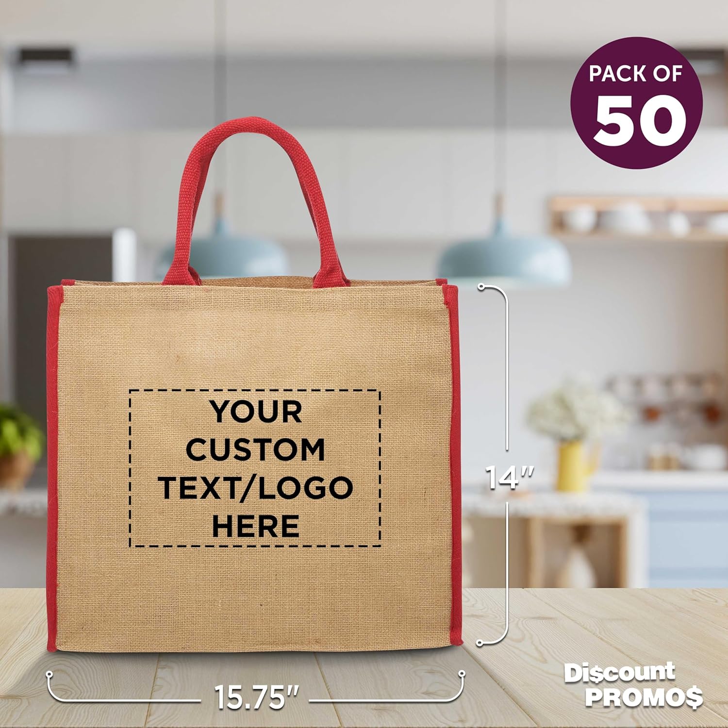 DISCOUNT PROMOS Custom Fresno Eco Friendly Jute Tote Bags Set of 50, Personalized Bulk Pack - Reusable, Great for Tradeshows, Grocery, Shopping and Outdoor Events - Red - Image 5