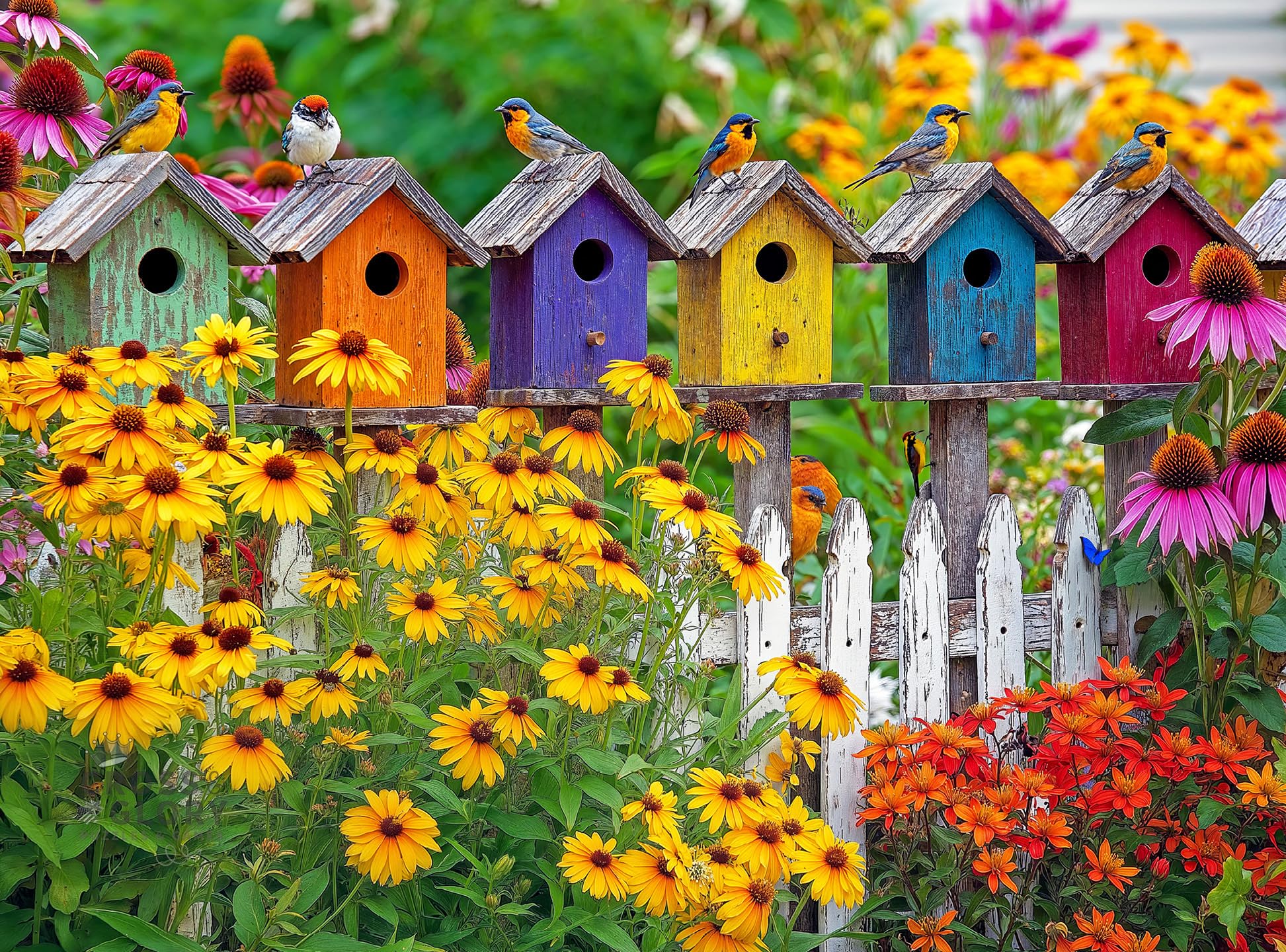 Cross & Glory – A Fence Full of Song – 1000 Piece Jigsaw Puzzle for Adults | Colorful Birdhouses, Garden Flowers & Butterflies | Bright Nature Puzzle
