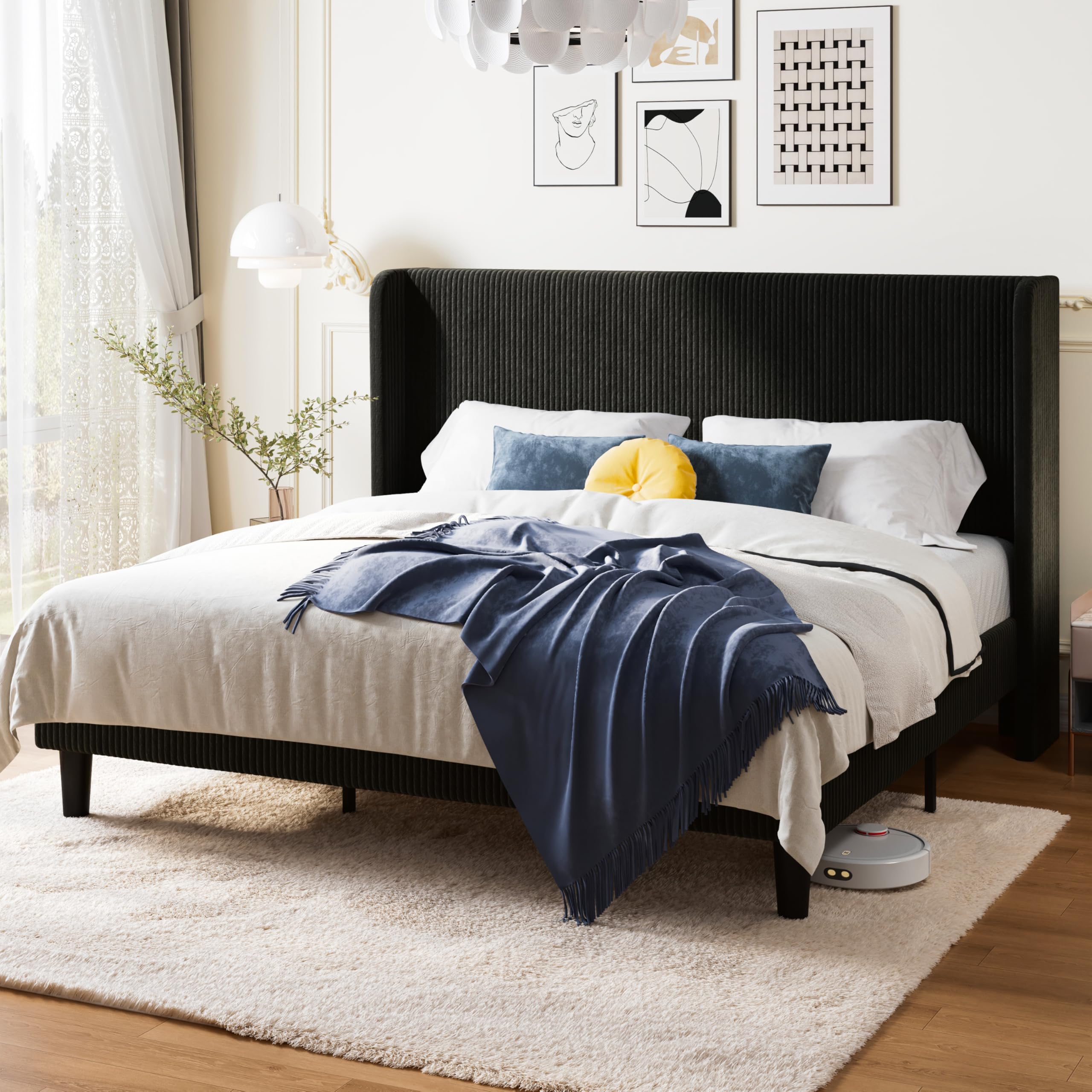 Allewie King Size Bed Frame with Upholstered Wingback Headboard, Vertical Channel Tufted Corduroy Velvet Platform Bed, Strong Wooden Slats Support, No