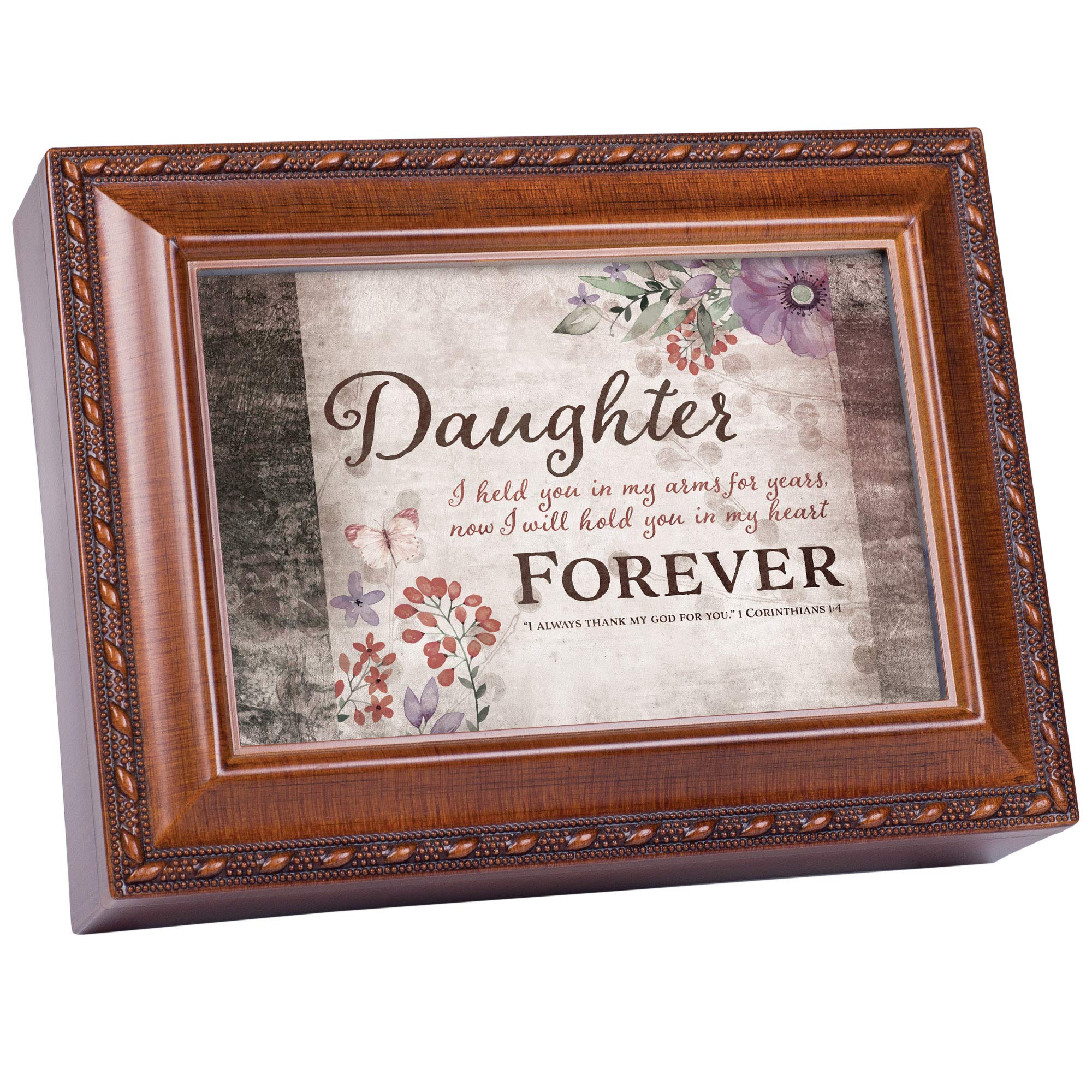Cottage Garden Daughter I Held You Woodgrain Rope Trim Jewelry Music Box Plays Tune Friend in Jesus