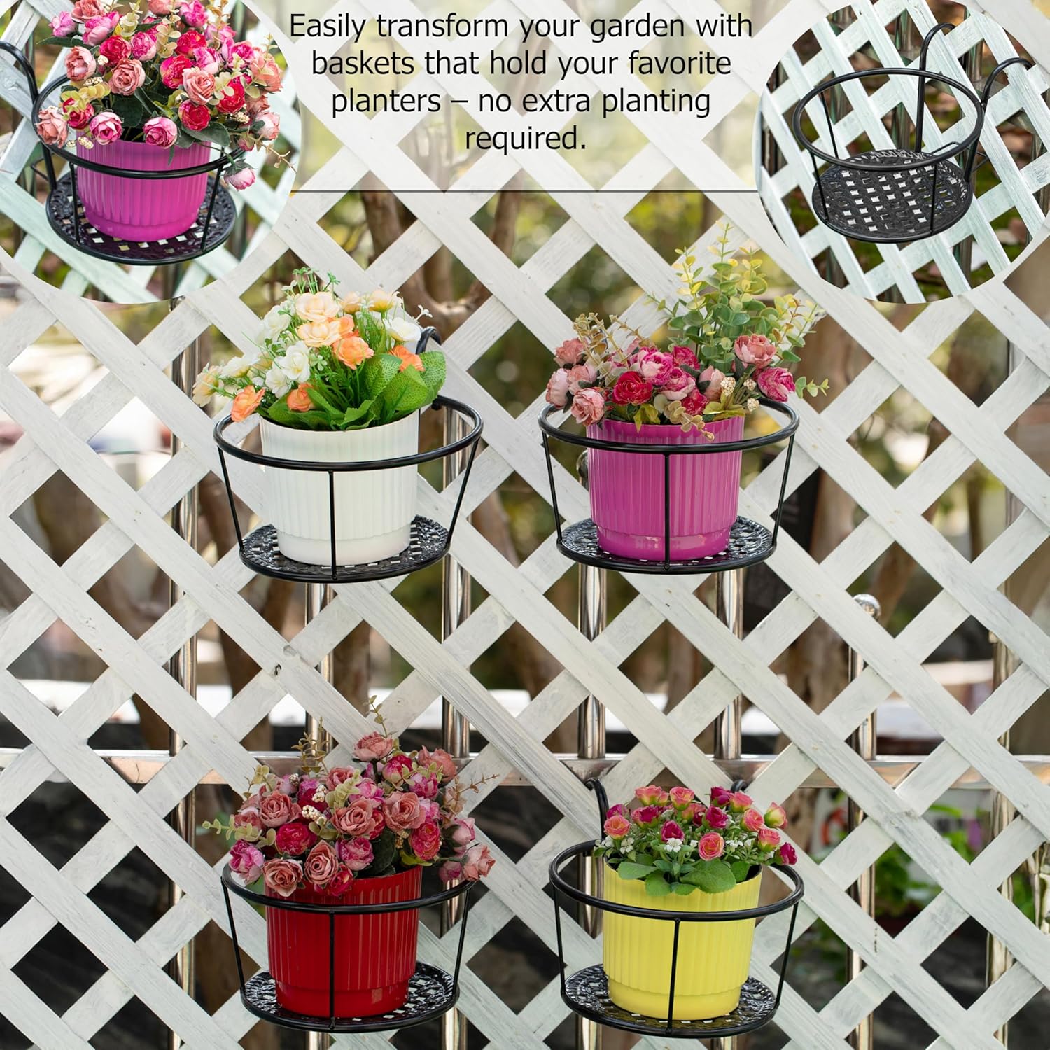 Gardenised Set of 4 Decorative Round Iron Hanging Bucket Style Plant Pot Holders and Flower Baskets with Hooks for Railing Fence Balcony Deck Patio Porch Garden Yard Indoor and Outdoor Home Use