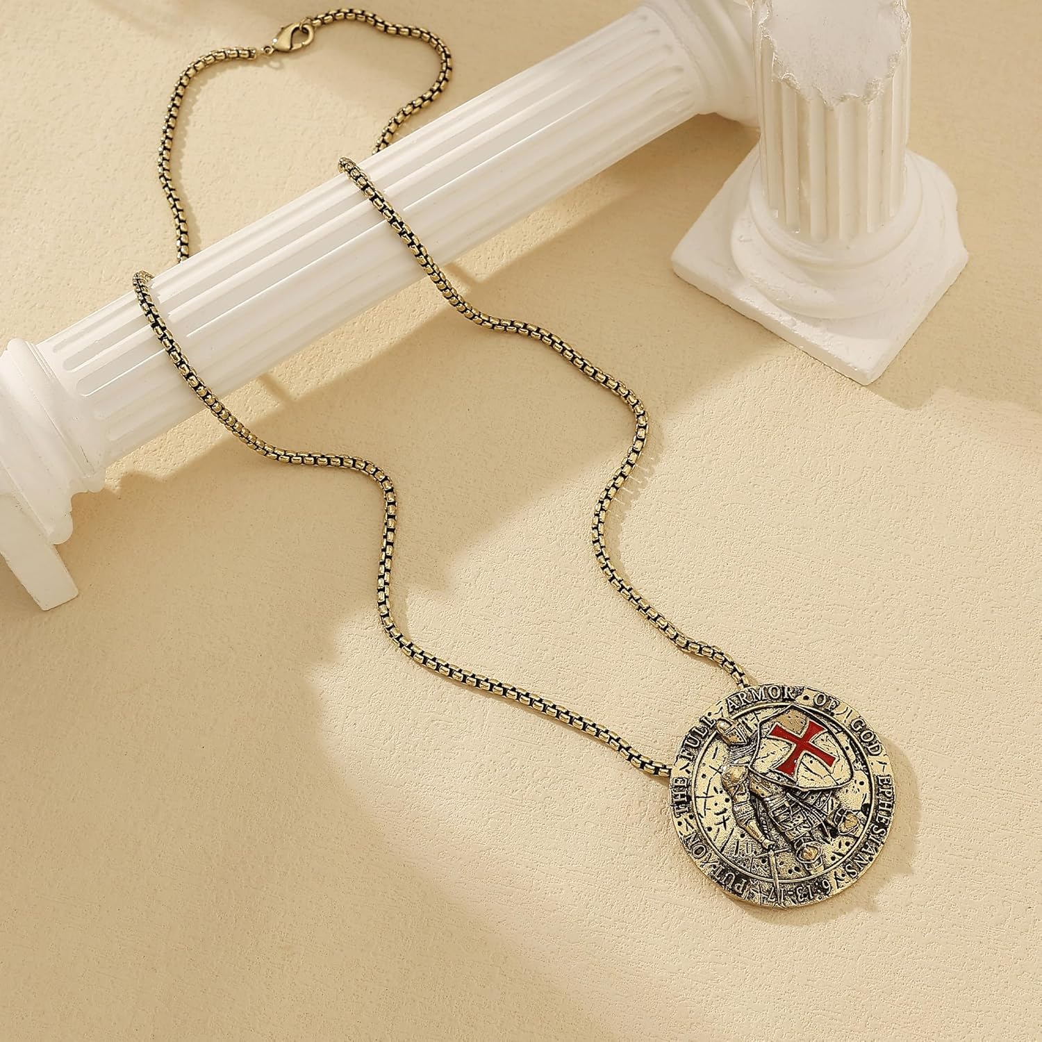 Knights Templar Red Cross Necklace for Men, Heavy Duty Alloy Armor of God Pendant, Ephesians 6:13-17 Scripture, Hidden Ring Design, 2.1 Inch Diameter, Medieval Badge Style - Image 3