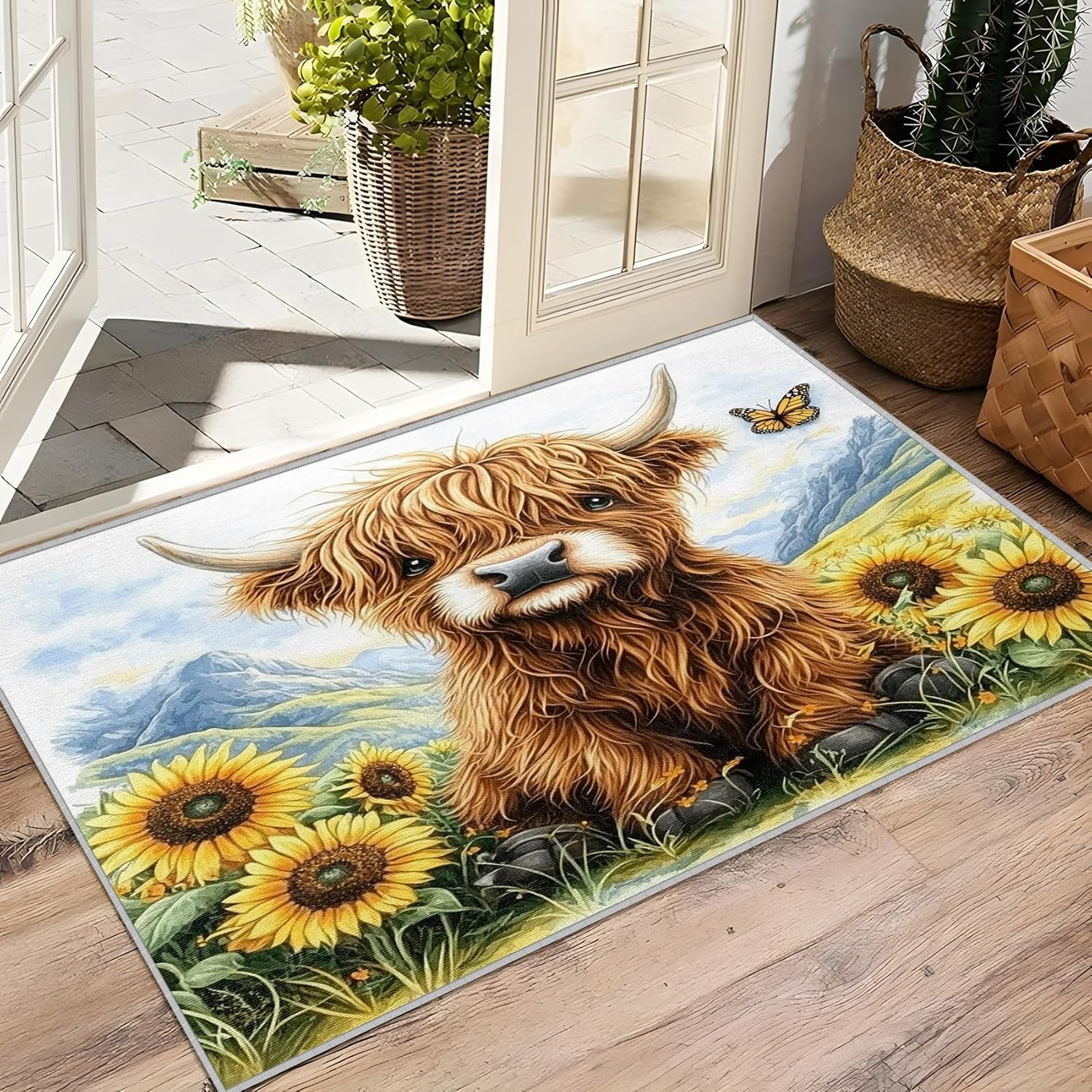 Highland Cow Rugs for Bedroom Kids - 2x3 Rug, Highland Cow Area Rug, Cute Farm Aniaml Washable Non Slip Soft Rugs, Rustic Sunflower Carpet, Kids Kawaii Animal Home Decor, Highland Cow Gifts