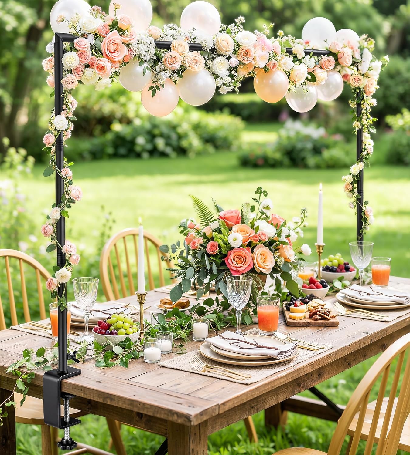 MEILIDY Over The Table Rod Stand with Clamps, Adjustable 33.5"-106" Length 36.6"-48" Height, Table Balloon Arch Backdrop Stand for Party Wedding Birthday Anniversary, Black