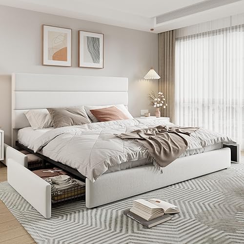 Miniatura 9 de Allewie - Base de cama moderna tamaño King con plataforma, 4 cajones de almacenamiento y cabecera tapizada en terciopelo, soporte de listones de