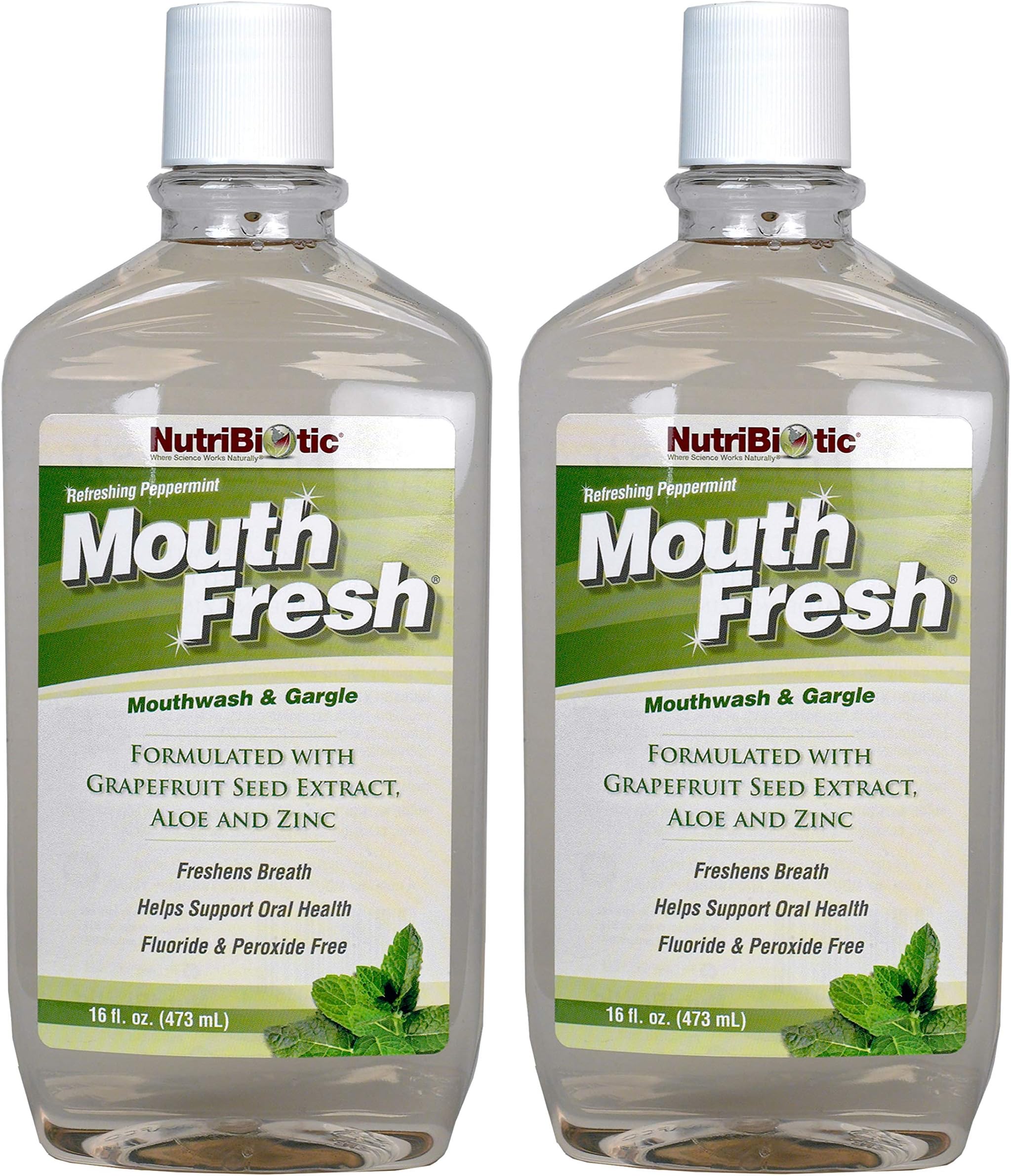 MouthFresh, Refreshing Peppermint 16 Oz. Twin Pack | Natural Mouthwash & Gargle with Grapefruit Seed Extract, Aloe, Zinc & Witch Hazel | Fluoride-Free & Made Without GMOs & Gluten