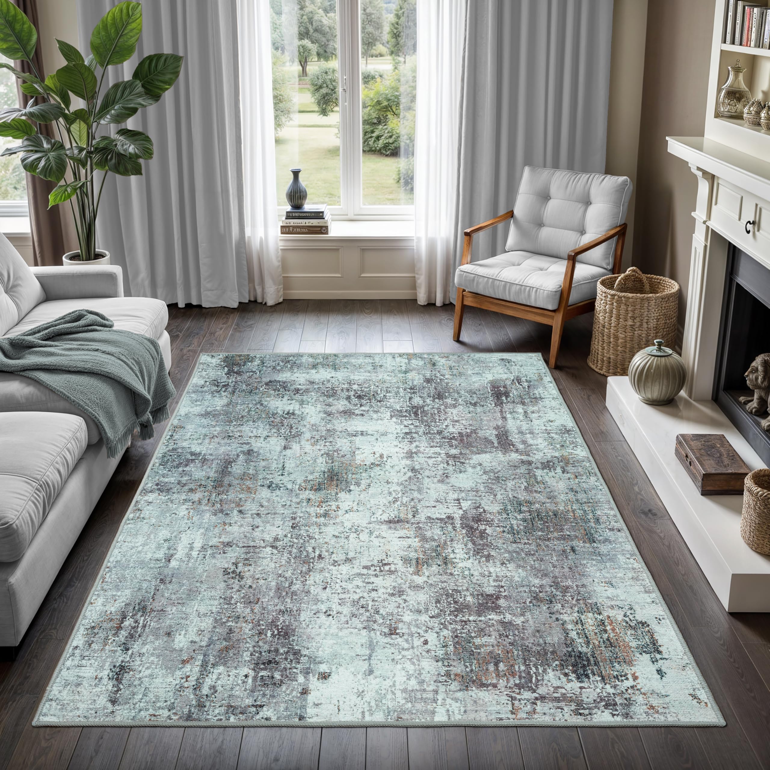GLN Rugs Contemporary Collection - Machine Washable Area Rug, Contemporary Washable, Non Slip, Low Pile Chenille Rug, Living Room, Bedroom, Kitchen