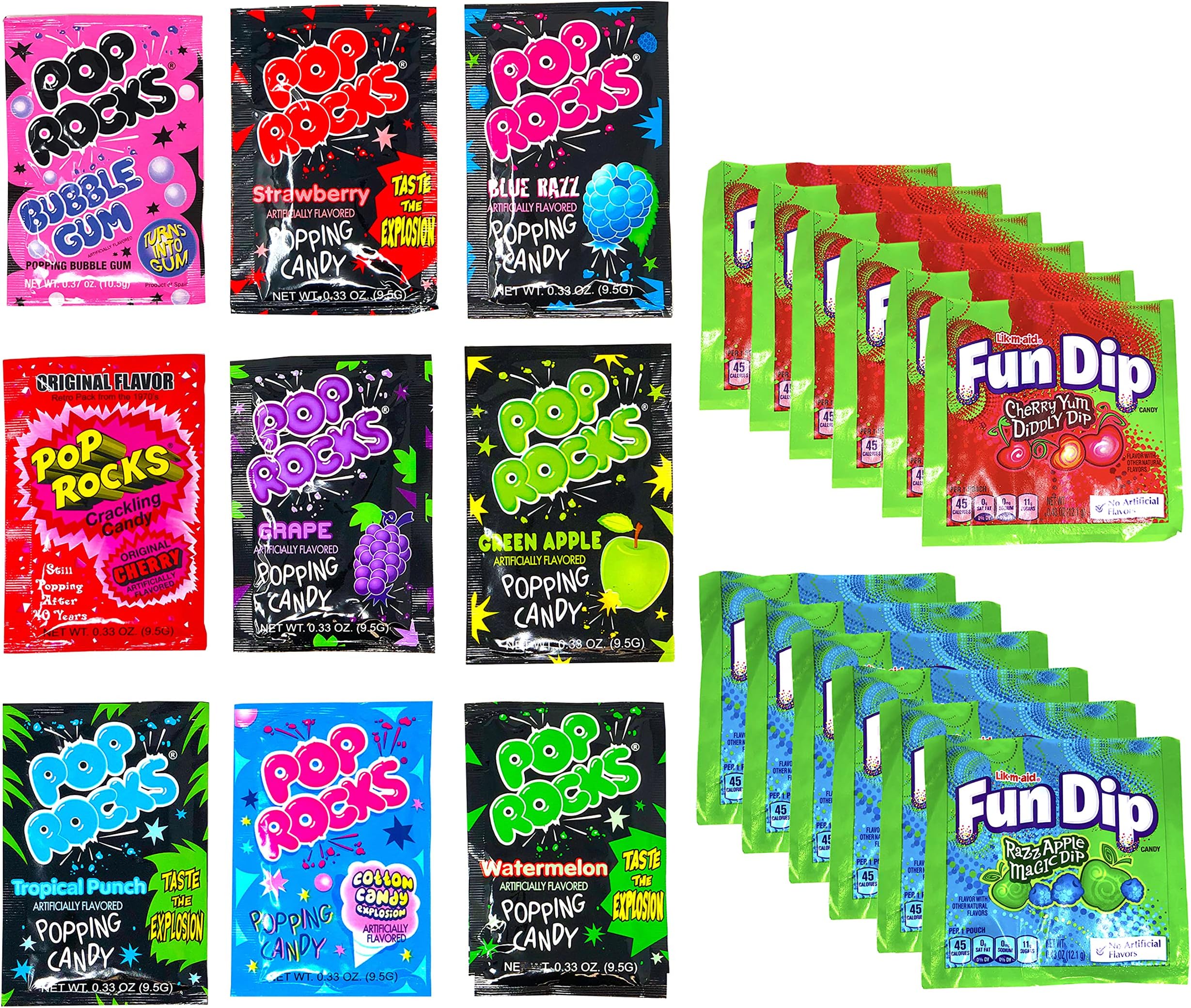 Pop Rocks Fun Dip Variety Pack Candy Sampler Pack 21 Count - Includes 9 Pop Rocks Packs and 12 Fun Dip Candy, Bulk Candy Individually Wrapped
