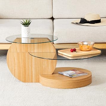 35" Round Glass Coffee Table, Clear Center Table with 3-Tier Tempered Glass Tabletop, Living Room Tables with Wooden Base for Small Space Home Office Light Wood