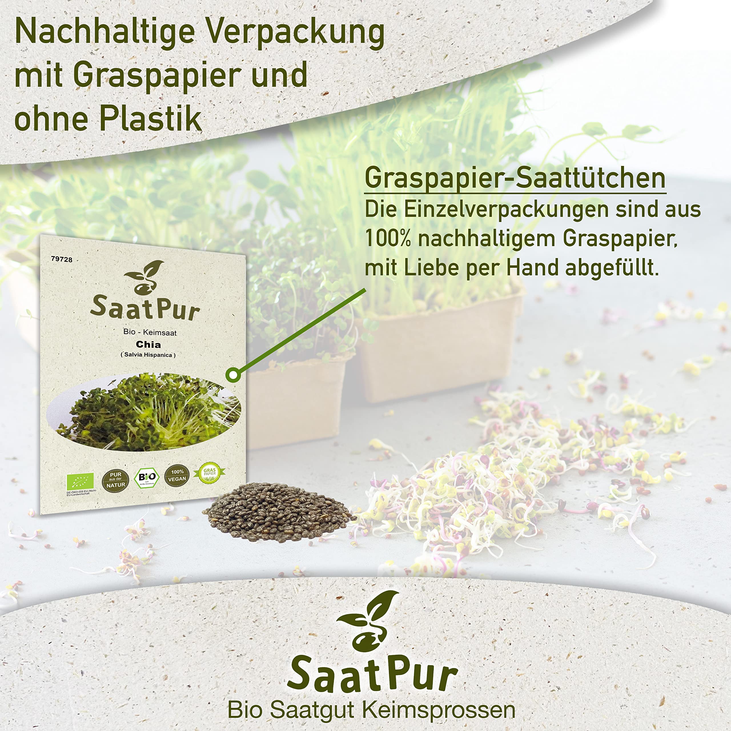 BIO Keimsprossen Chia Bio Keimsaat von SaatPur - Sprossen, Microgreens - Kleines Tray mit 40 Portionstüten je 15g