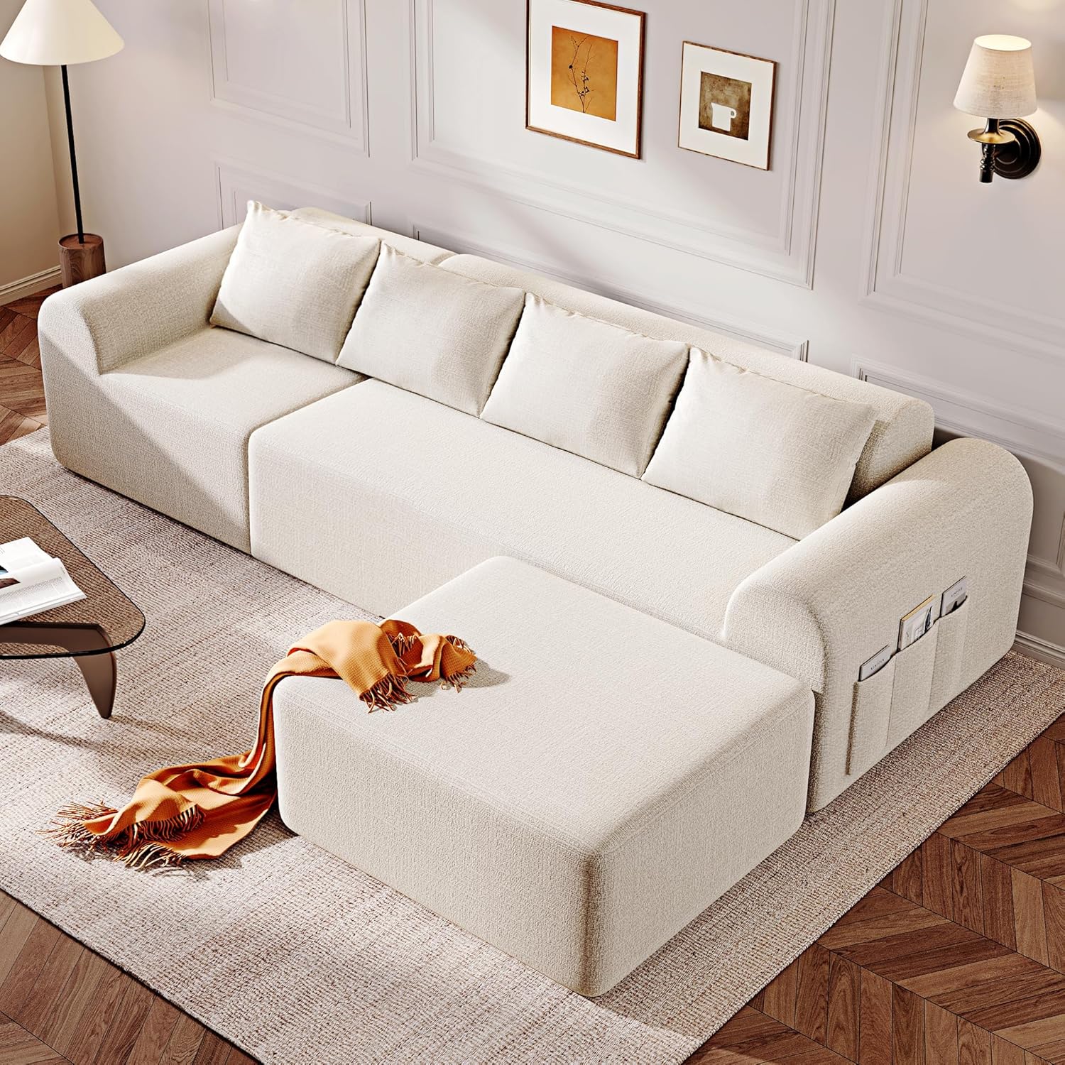 Assembled beige cloud couch sectional sofa in a living room setting.