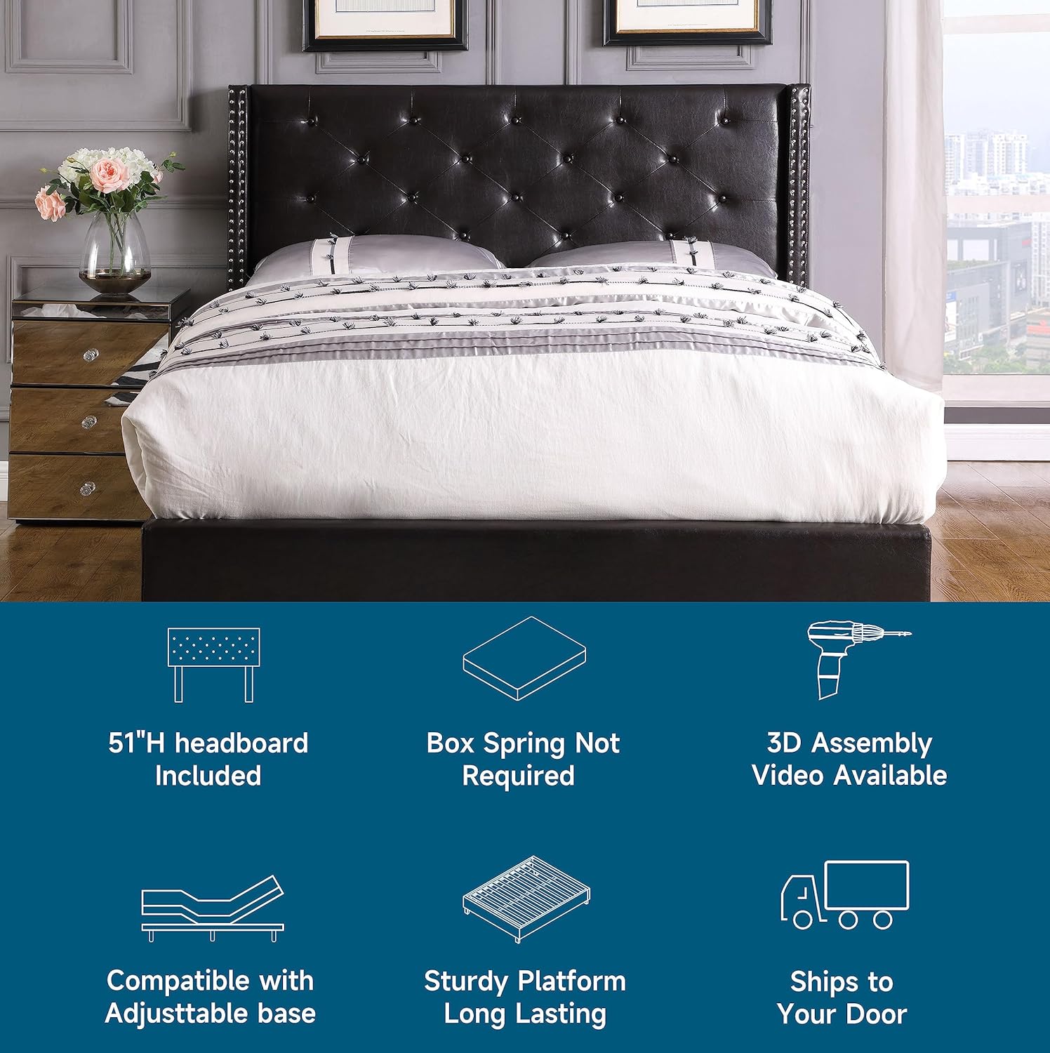 Full Upholstered Platform Bed Frame with 51" Tall Headboard - Button Tufted Leather Bed - Wood Slat Support with Storage Space - No Box Spring Needed - Easy Assembly - Black - Oliver & Smith Astor