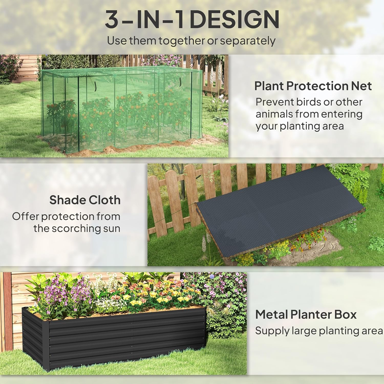 Outsunny 7.3 x 3.4 x 2 ft Galvanized Raised Garden Bed with Crop Cage Plant Protection Net and Shade Cloth Roof, Metal Planter Box with Cover for Vegetables, Flowers, Herbs, Dark Gray