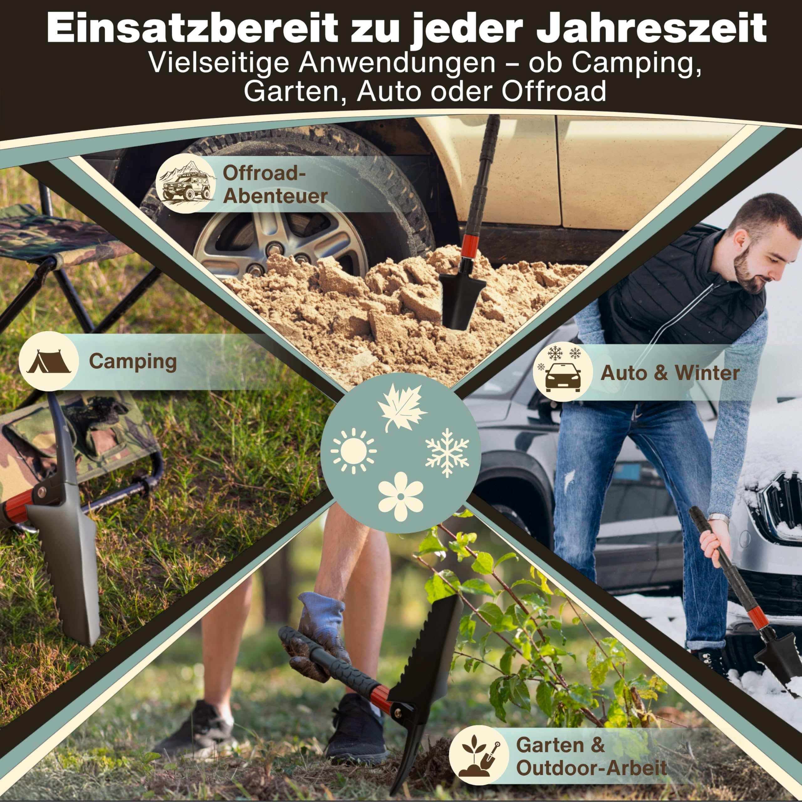 Pala plegable 9 en 1 – Pala plegable de supervivencia con sierra de raíz, acero para fuego y bolsa – Herramienta compacta al aire libre – Regalos para hombres, ideal para camping, bushcraft y