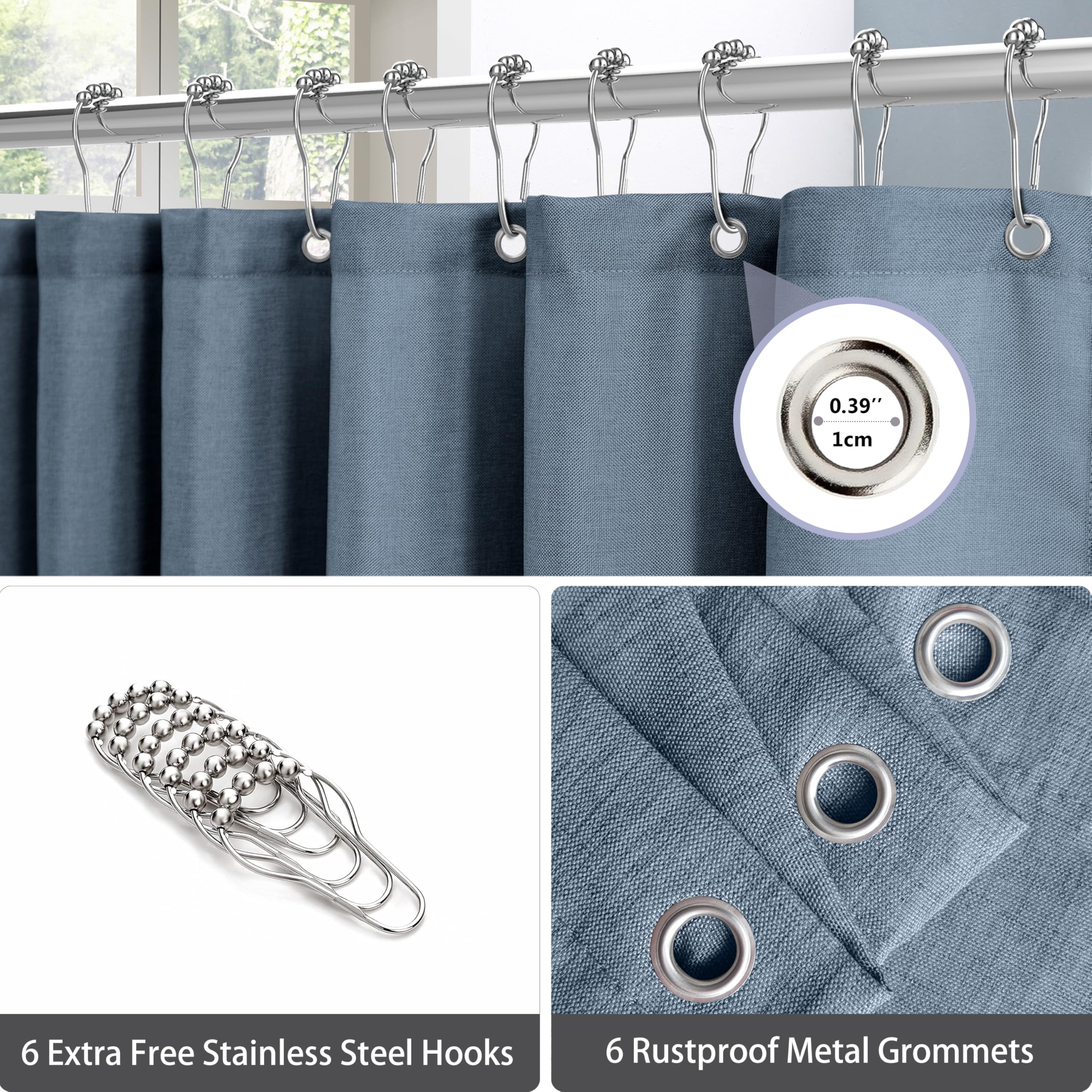VANZAVANZU Waterproof Narrow Shower Curtain 92x182cm for Small Bathroom with Metal Hooks Linen Fabric Shower Curtain Heavy Duty Bath Curtain for Wet Room Bathtub Shower Stall - Image 3
