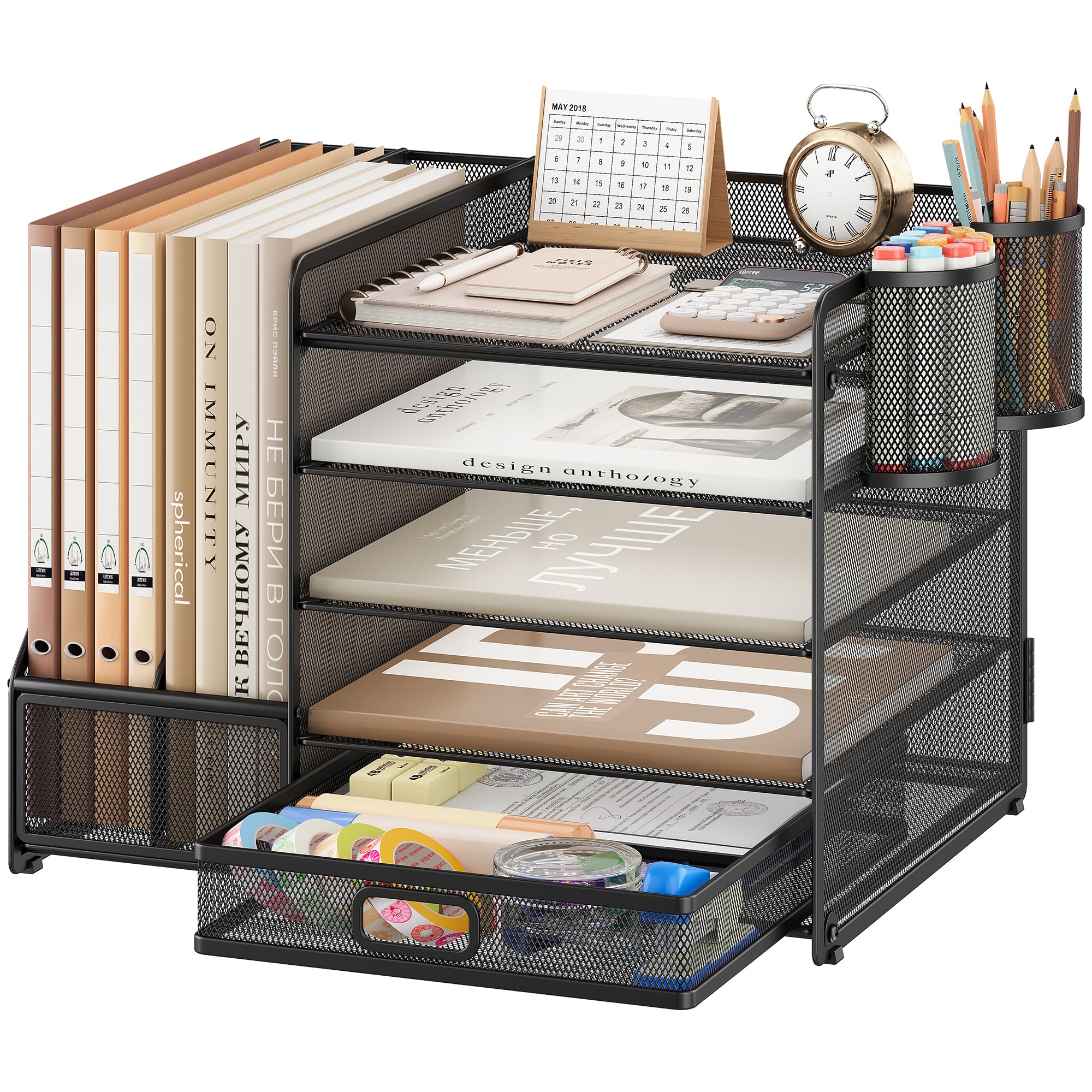 VITVITI Robuste Organisateur de Bureau avec Porte-Documents, 5 Niveaux - Porte-Lettres avec Tiroir et 2 Porte-Stylos - Compartiments de Rangement en Maille pour Fournitures de Bureau, Noir