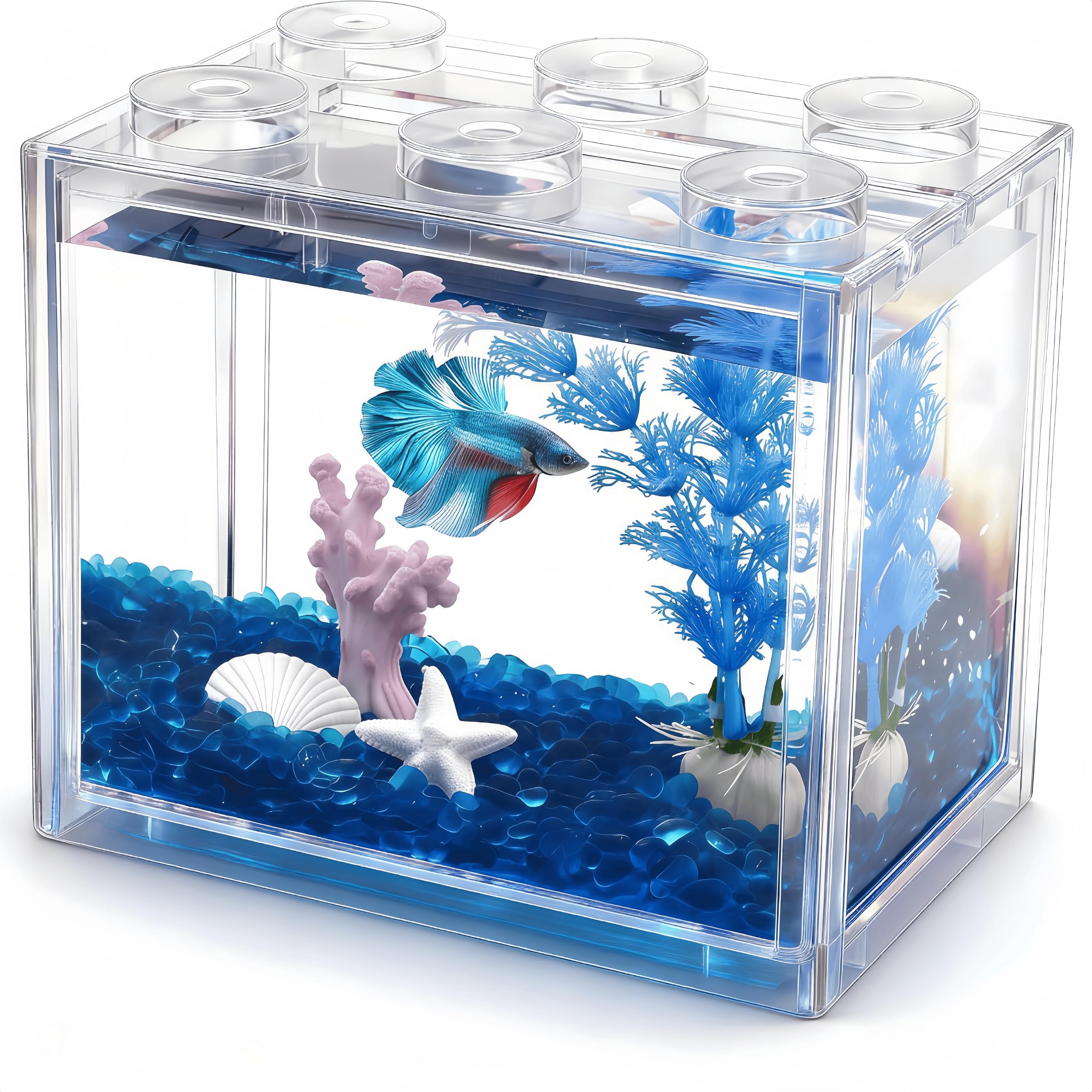 Small Betta Fish Tank, Mini Fish Tank Aquarium Tank Kit with Blue Gravel &amp; Resin Decorations, 0.6 Gallon Stackable Fish Bowl Tiny Desktop Aquarium for Sea Monkey Shrimp