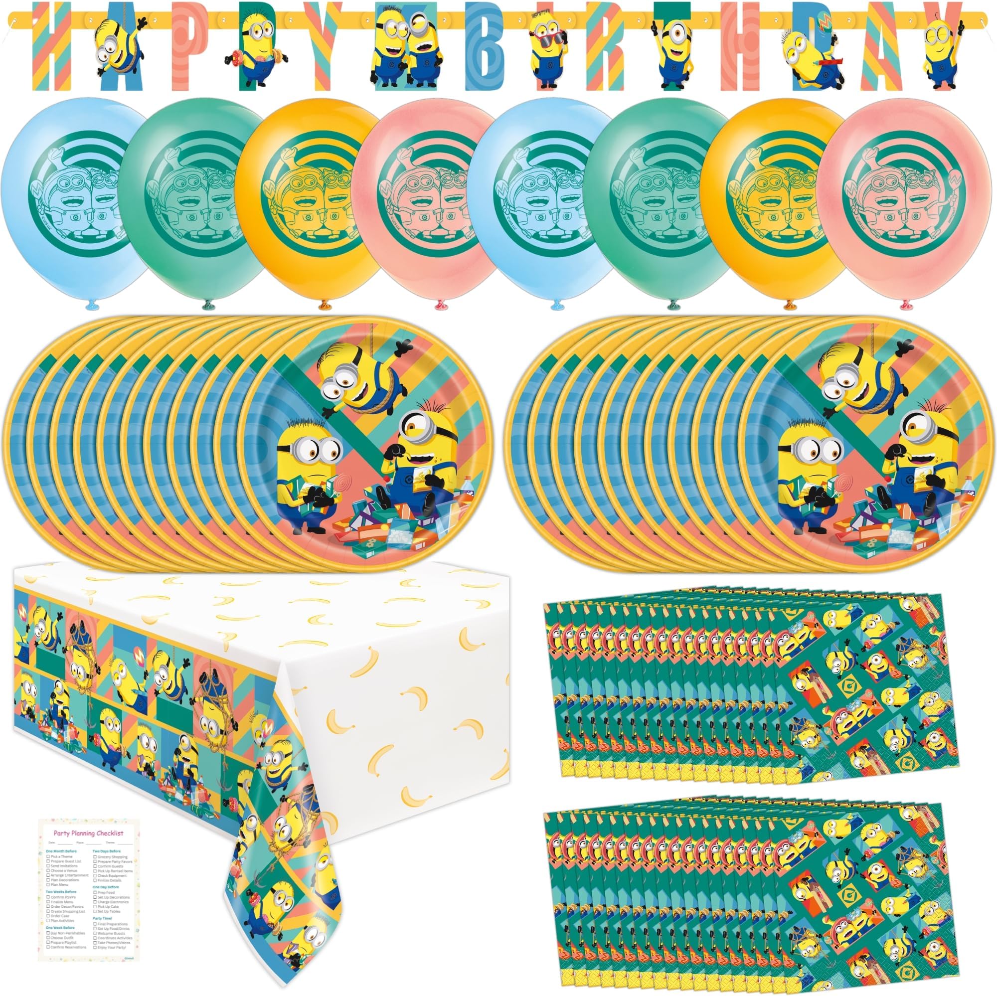 Minions Birthday Party Decorations - Minions Party Decorations - Minions Plates and Napkins, Tablecloth, Balloons, Banner, Checklist - Despicable Me Minion Birthday Party Decorations for 16