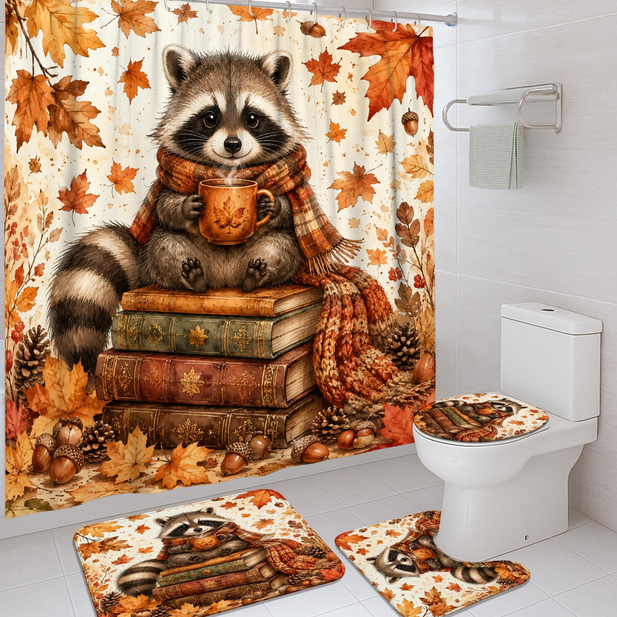 Rideau de douche orange automne avec tapis raton laveur pour une décoration d'appartement cocooning