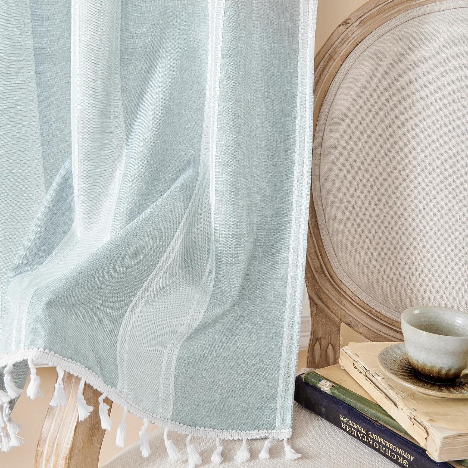 Home Queen 3 Pcs Boho Kitchen Curtain Sets with Tassel, W26XL45 Tier Curtains,54x18 Valance,Grey