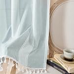 Home Queen Boho Kitchen Curtains 36 Inch Length Striped Linen Cafe Curtains Short Curtains with Tassel for Small Bathroom Window Farmhouse Light Filtering Rod Pocket Tier Curtains Set of 2, Blue Gray