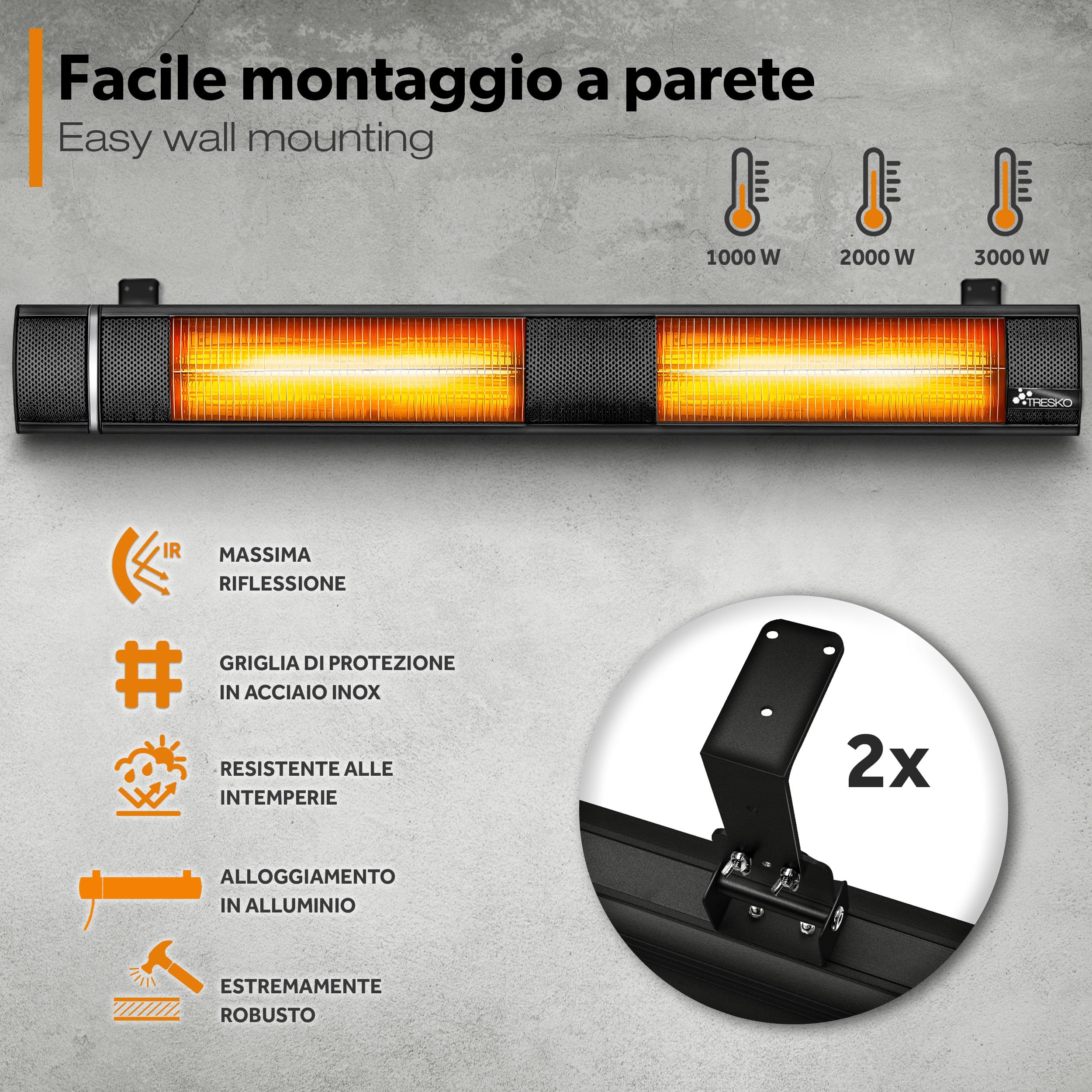 TRESKO Stufa a Infrarossi 3000W Telecomando Riscaldatore Elettrico Patio 3 Livelli Calore Riscaldatore Quarzo Nero
