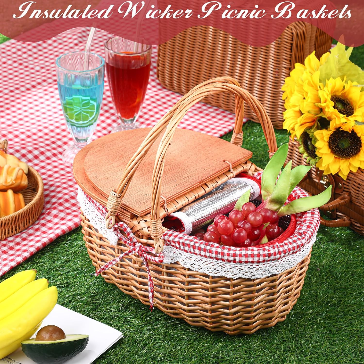 DoubleFill Wicker Insulated Picnic Basket with Lid Wicker Picnic Basket with Folding Handles and Insulated Cooler Bag for Camping Outdoor Easter Valentine Birthday Gift(Red Plaid)
