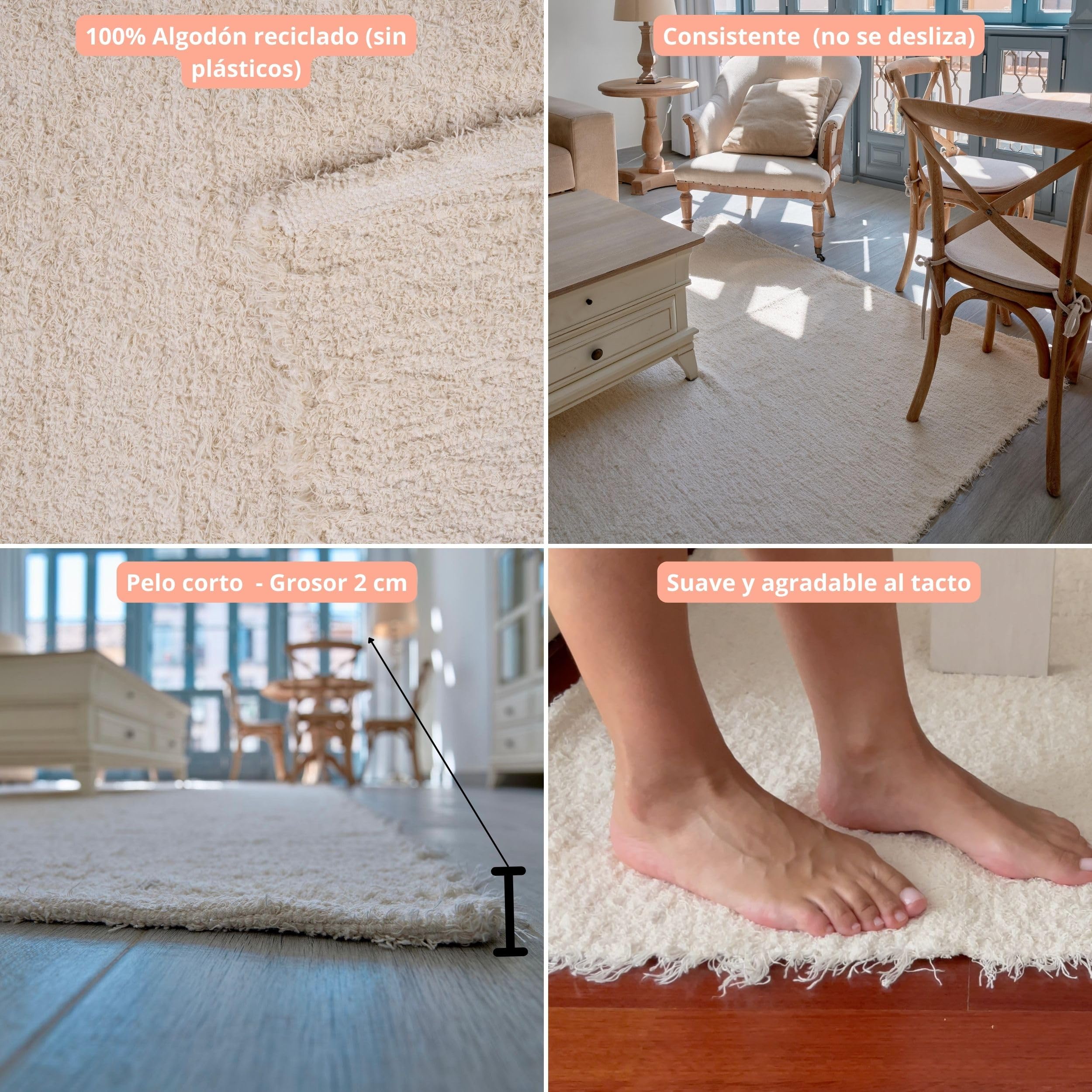 Jarapa Home Made with love Alfombra Blanco/Cruda Grande decoración de salón, Alfombra Dormitorio. Hecha a Mano con algodón, Pelo Corto, Suave y Lavable en Lavadora (140x200 cm)