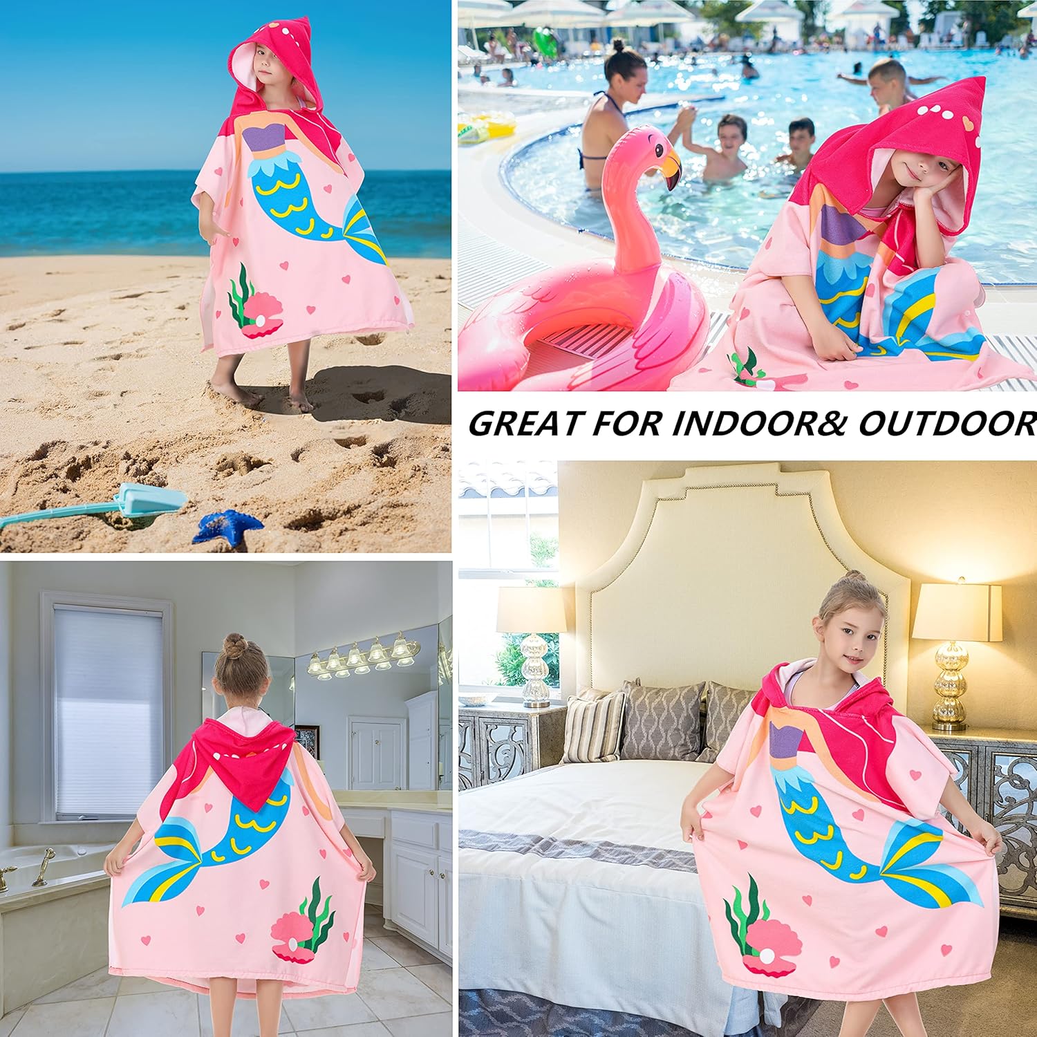 Big Pink Mermaid Kids' Bath Towels Soft Microfiber Swim Cover-ups for 3 to 10 Years Old Girls Beach Pool
