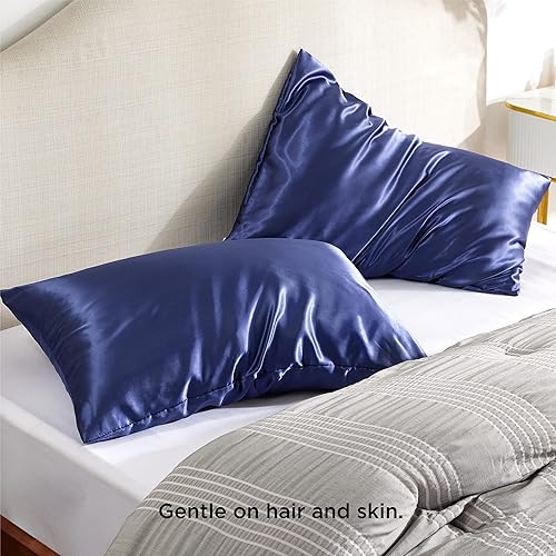 Miniatura 2 de Bedsure Juego de 2 fundas de almohada de satén para cabello y piel, color azul marino, con cremallera, tamaño King, similares a las fundas de