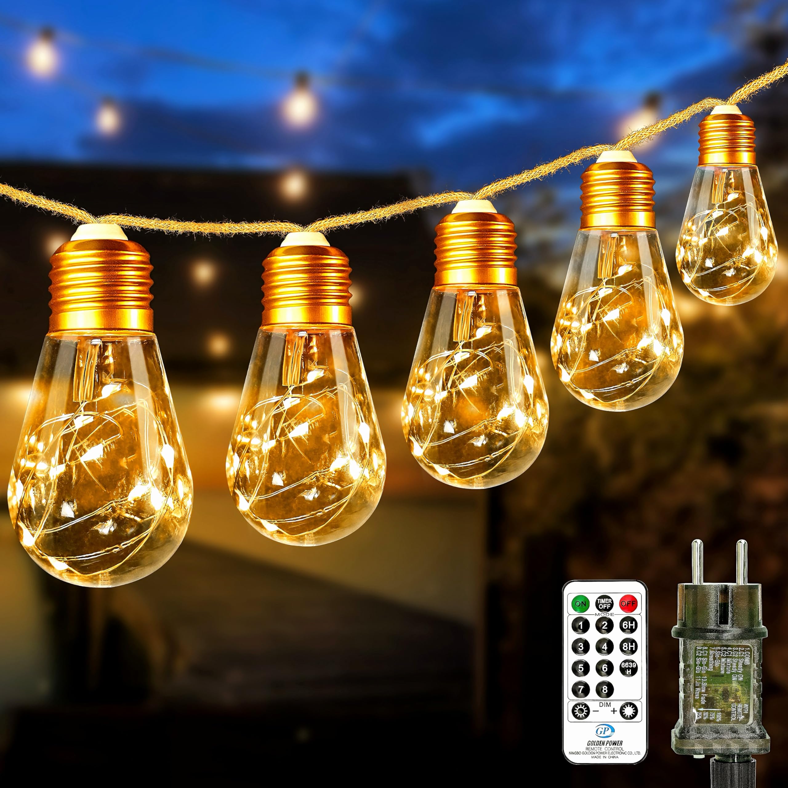 btfarm LED Lichterkette Außen mit Fernbedienung, 9M Vintage Lichterkette Strom Outdoor mit 16 Glühbirnen 8 Modi Timer Lichterketten Aussen für Balkon Garten Party Zimmer Innen Deko (Warmweiß)