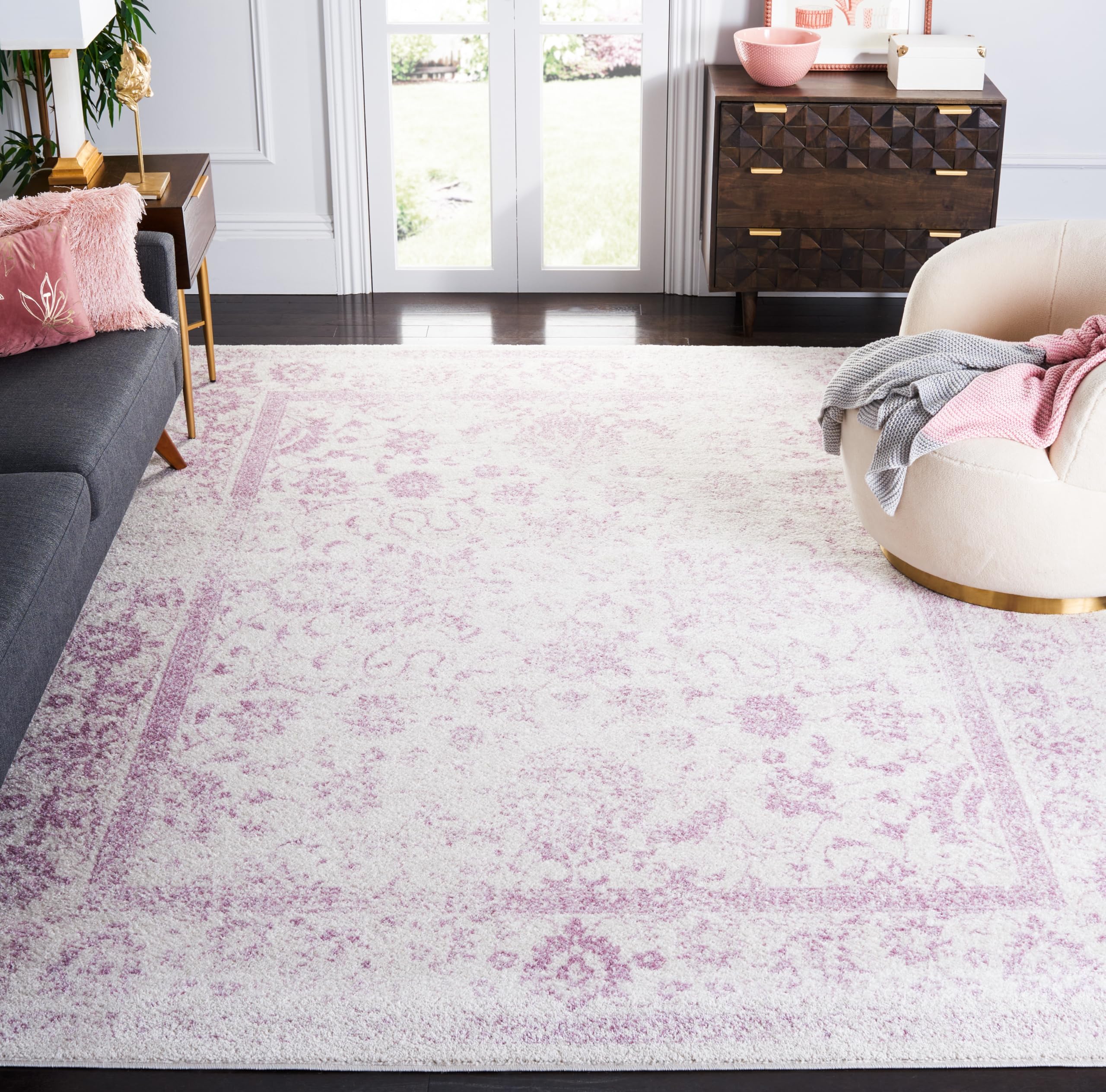 SAFAVIEH Area Rug 8x10 - Adirondack Collection - Large - Ivory & Lavender, Distressed Vintage Floral Design, Non-Shedding & Easy to Clean, Ideal for