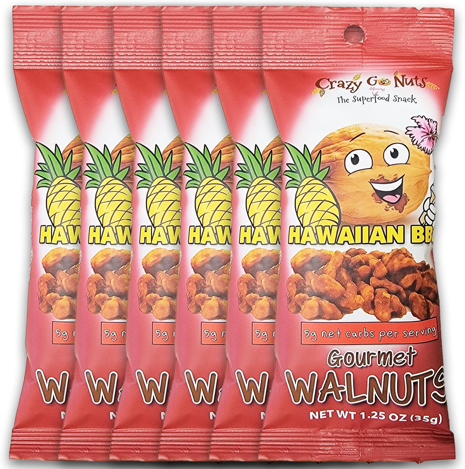 Crazy Go Nuts Walnuts - Hawaiian BBQ, 1.25 oz (6-Pack) - Healthy Snacks, Vegan, Gluten Free, Keto, Low Carb, Superfood - Natural, Non-GMO, Omega 3 Fatty Acids, Good Fats, and Antioxidants