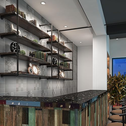 Miniatura 7 de MUZIK Estantería industrial de 5 niveles para tubería de hierro fundido maleable de 34 pulgadas, estantería de montaje en pared, estantería abierta