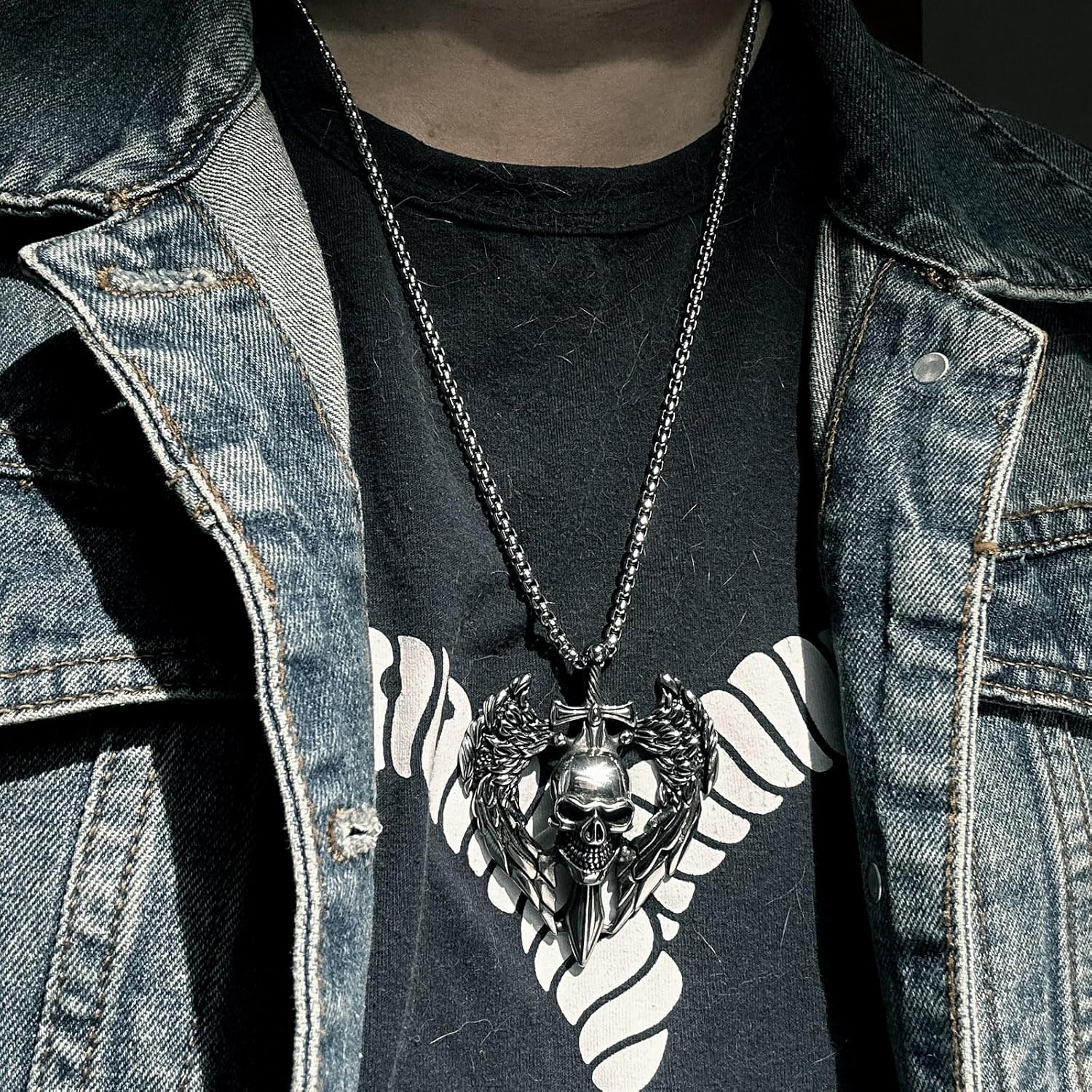 bahamut Mens Skull Dragon Cross Pendant Necklace for Men Silver Cool Goth Accessory Jewelry with Stainless Steel Chain - Image 4
