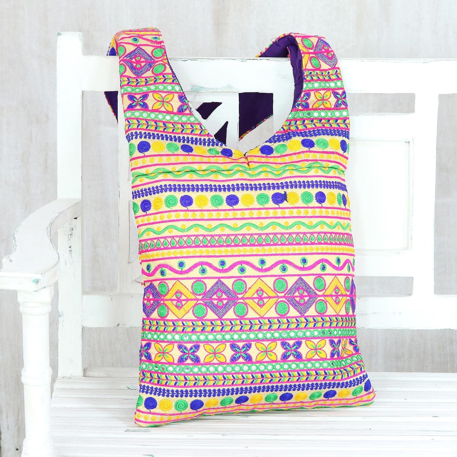 NOVICA Artisan Hand Embroidered Sling Multicolored Geometric Striped Handbag Rayon Handbags Shoulder Slings India Embellished ' Beige Floral Fantasy'