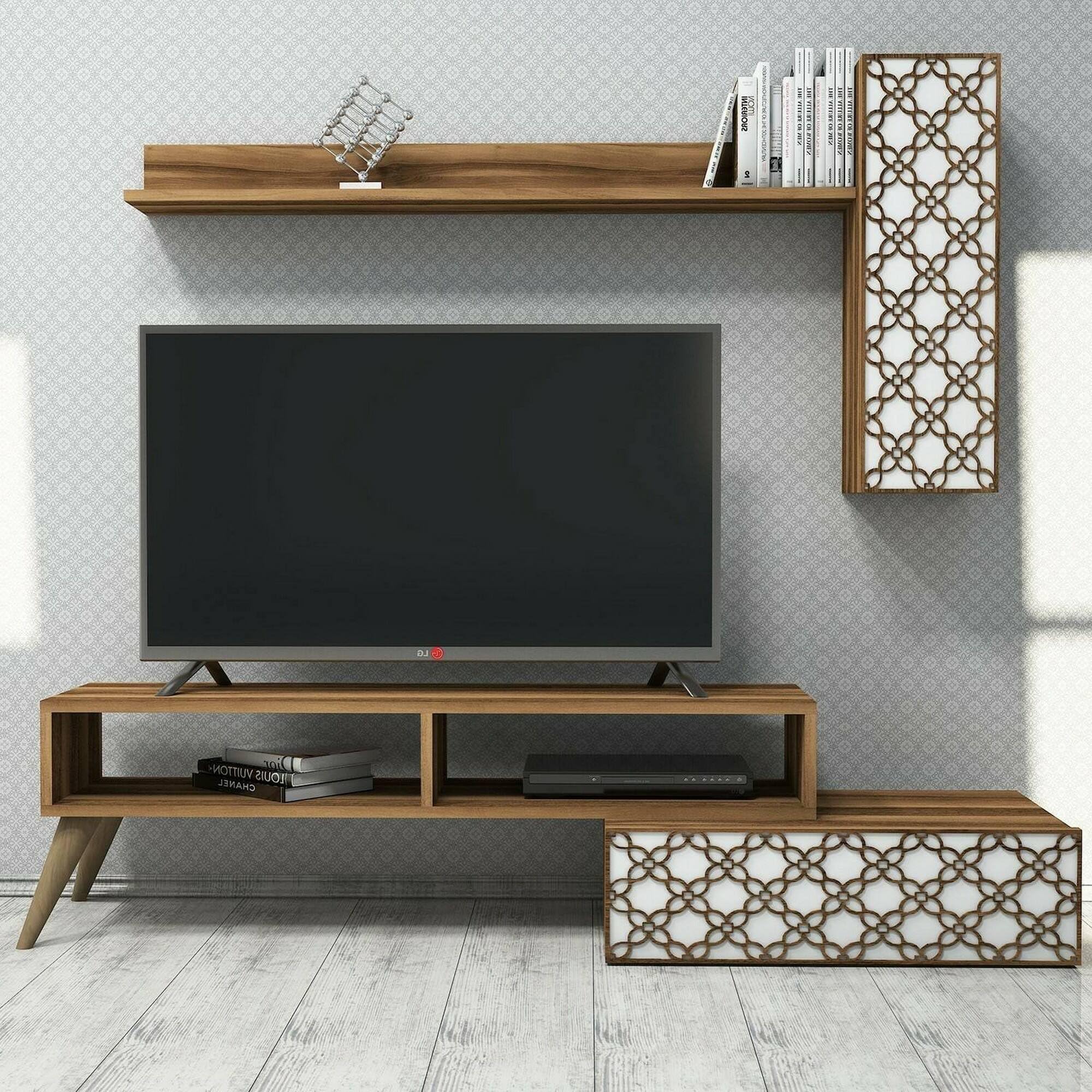 Dmora Mur équipé Sterope, Composition Salon, Meuble Salon Polyvalent, Armoire TV 150 x 37 x 38 cm, Noyer et Blanc